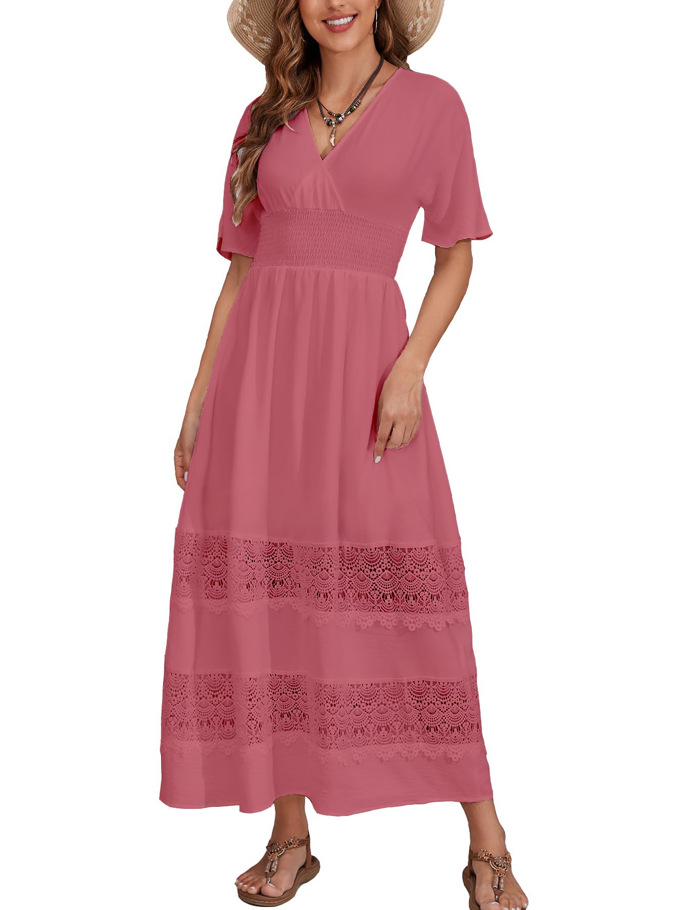 Boho Maxi Dress for Women 2025 - Summer V Neck Lace Wedding Guest Dress with Smocked Waist | Bohemian Long Flowy Dresses for Beach, Party & Special Occasions