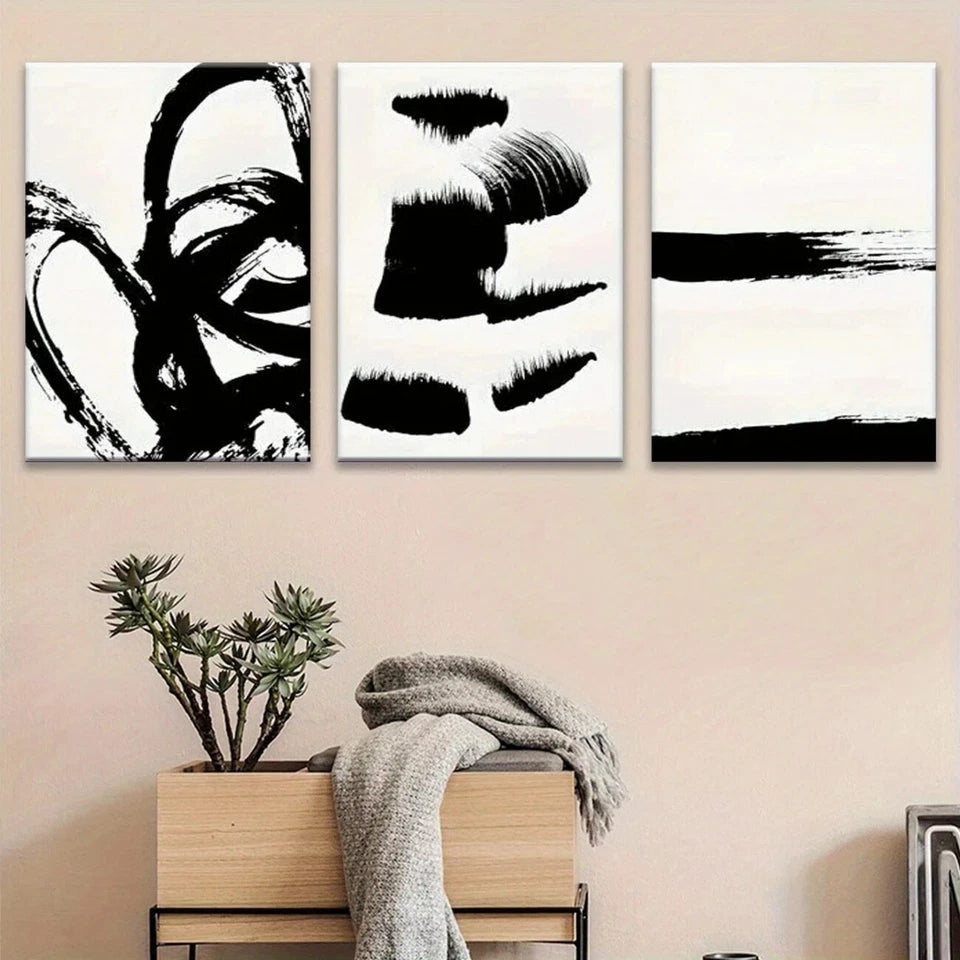 3-Piece Abstract Black Brush Strokes Metal Wall Art - Ready to Hang Modern Home Decor for Living Room, Bedroom & Office