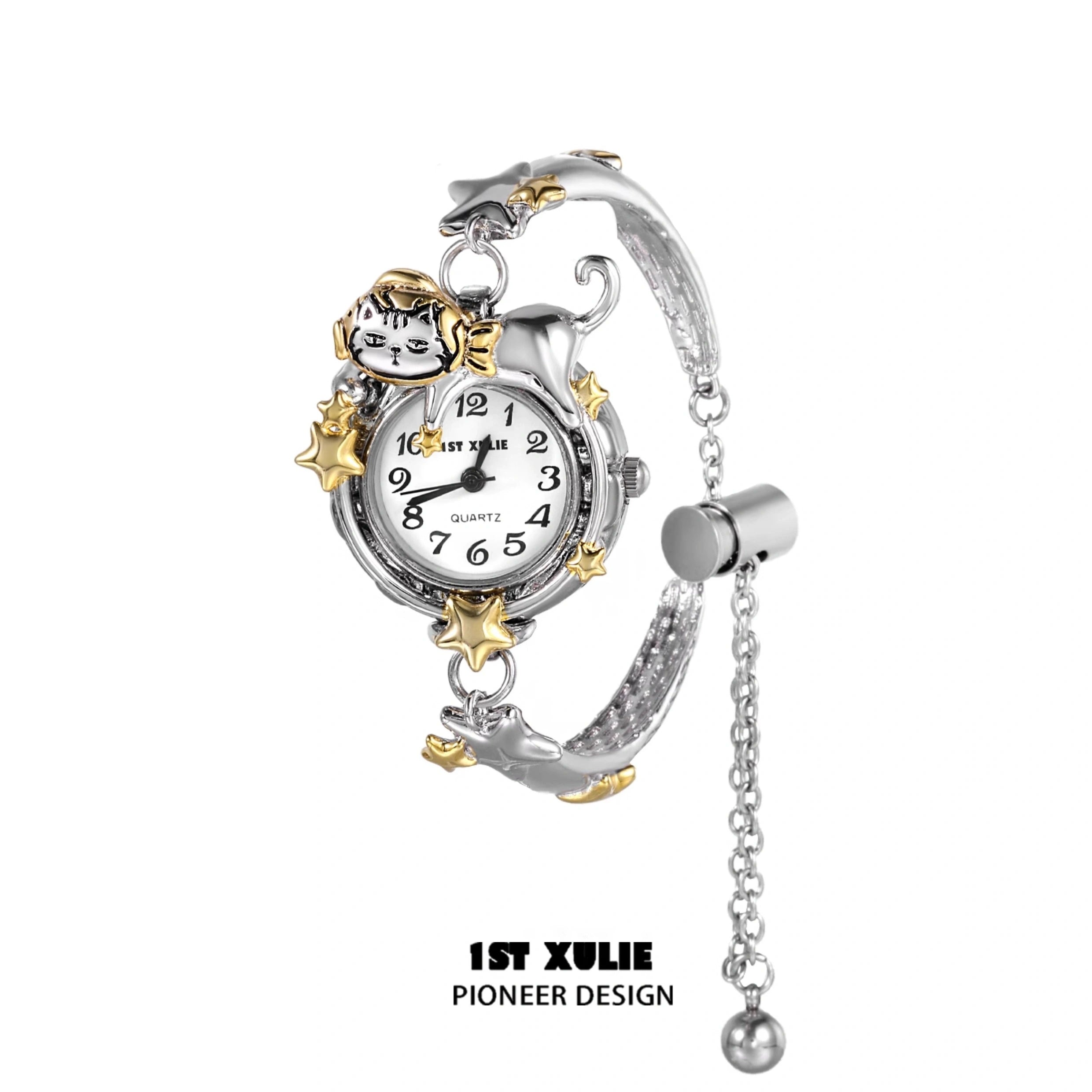 Graffiti Kitten Lazy Cat 18K Gold Plated Quartz Watch for Women - Stylish Fashion Accessory for Casual Wear, Office & Everyday Use