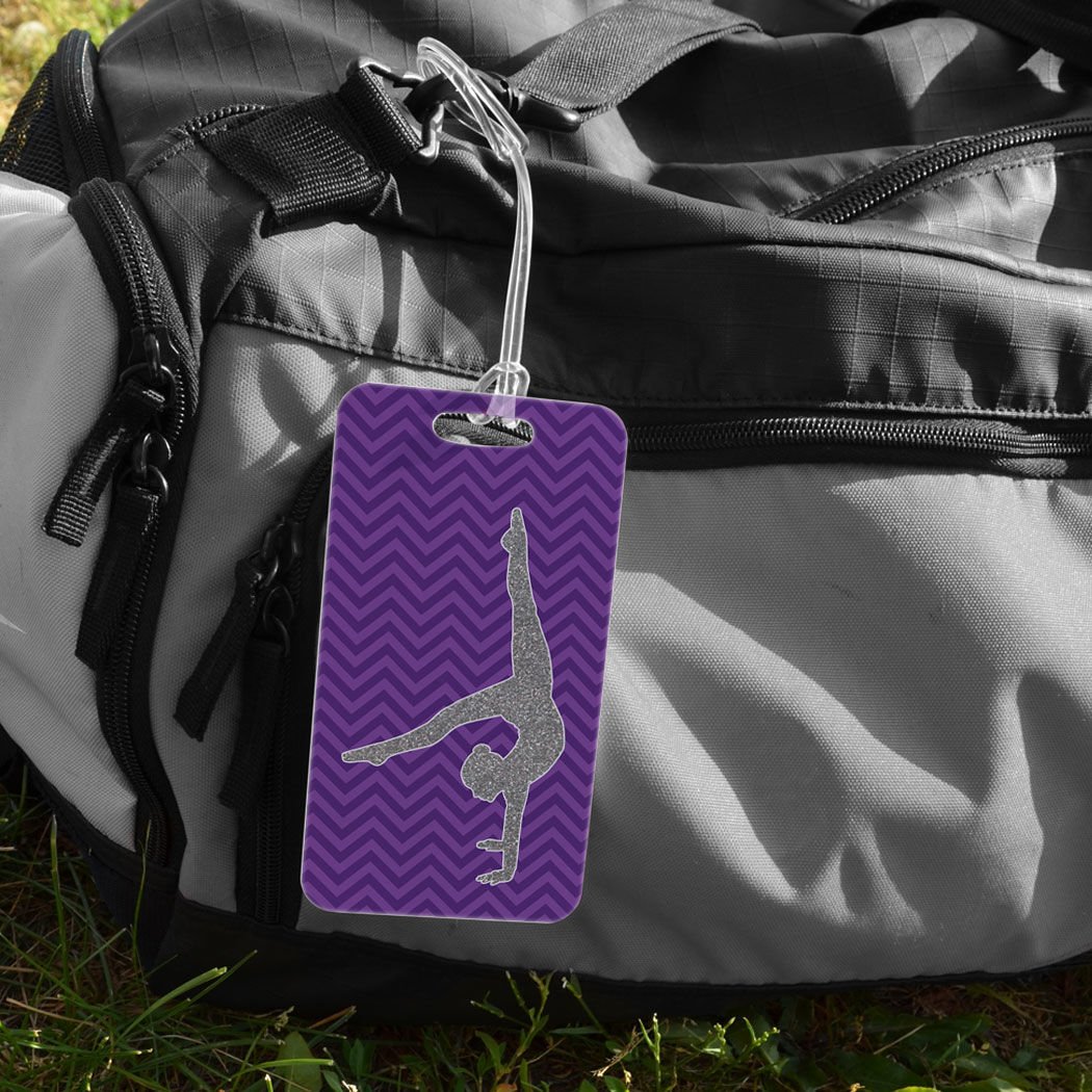 Custom Purple Faux Glitter Chevron Gymnastics Luggage Tag - Large Personalized Bag Tag with ID Info - Perfect for Travel, Sports Competitions & Gym Bags