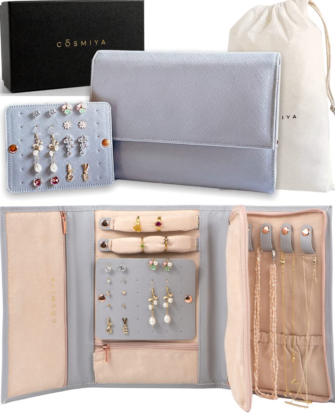 Luxury Vegan Leather Jewelry Organizer Roll for Women - Travel Jewelry Bag with Necklace, Earring & Ring Storage | Perfect for Vacations, Business Trips & Gifts