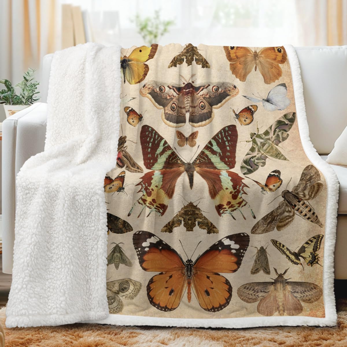 Vintage Butterflies Sherpa Throw Blanket - Soft Plush Fleece Blanket for Bed & Couch - Queen Size 90