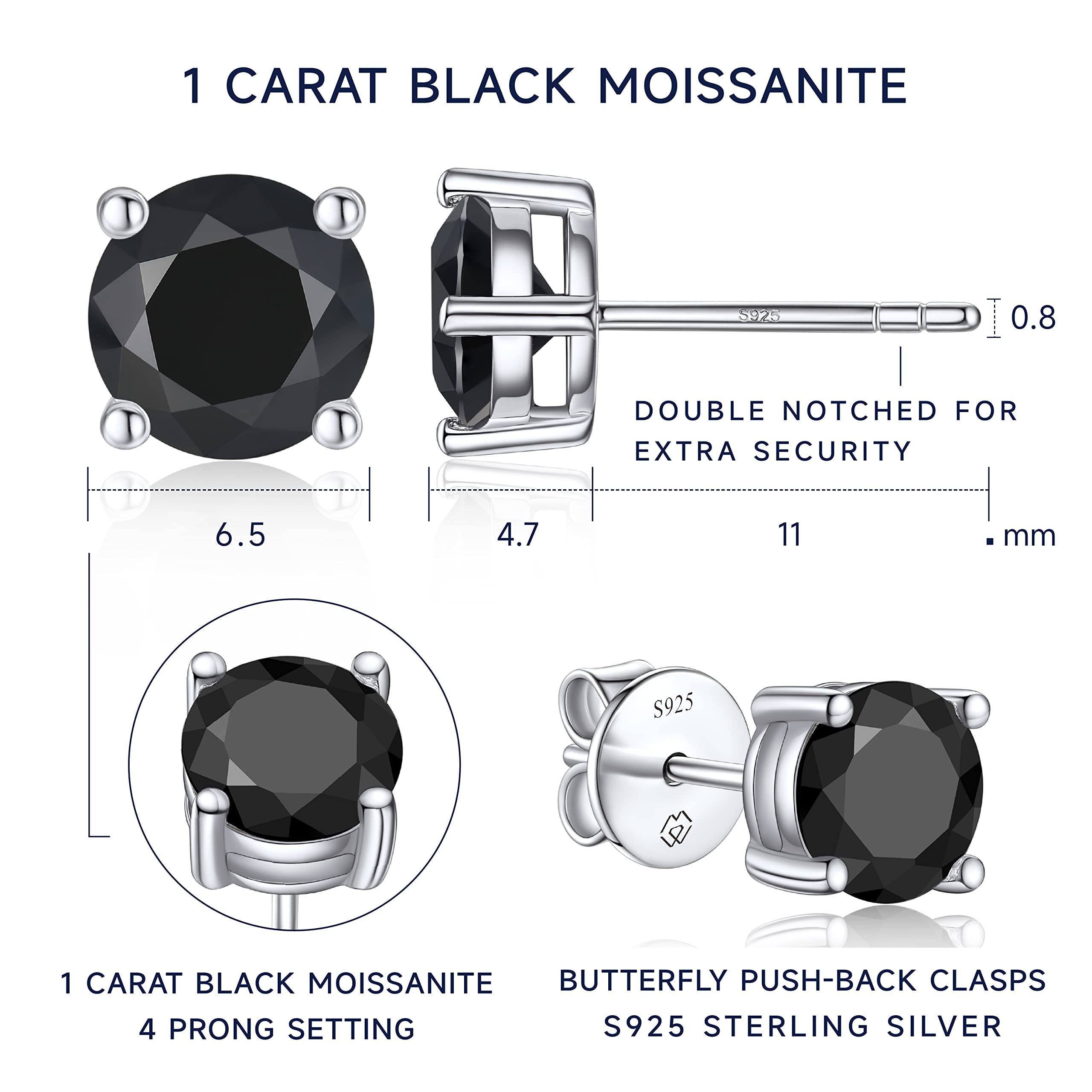 Black Moissanite Stud Earrings for Men & Women - 1-2 Carat Simulated Diamond, Sterling Silver, Hypoallergenic, Square Sparkly Earrings - Perfect Jewelry Gift for Him & Her - Ideal for Weddings, Parties, and Special Occasions