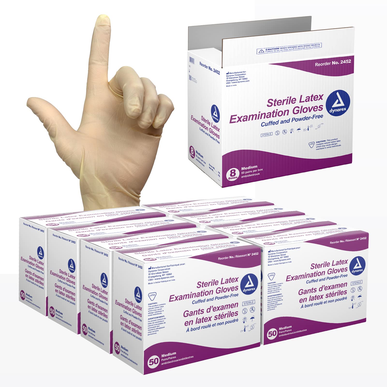Dynarex Sterile Disposable Latex Exam Gloves - Powder-Free, Medium (Bisque) - 400 Pairs (8 Boxes of 50) - Medical, Healthcare & Veterinary Use - Ideal for Clinics, Hospitals & First Aid Kits