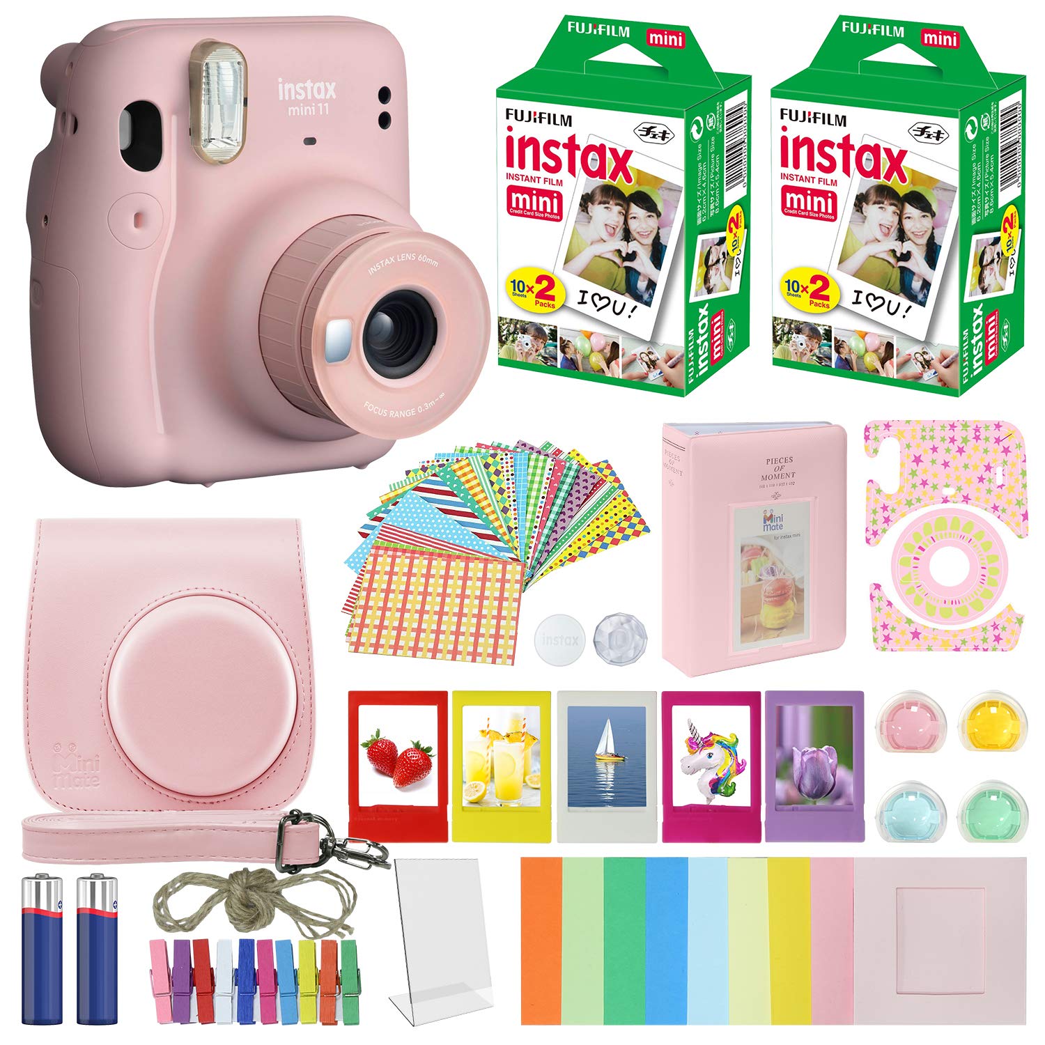 Fujifilm Instax Mini 11 Instant Camera Bundle - Blush Pink with MiniMate Accessories, 40 Sheets Film, Color Filters, Photo Album & Decorative Frames | Perfect for Parties, Travel Memories & DIY Scrapbooking