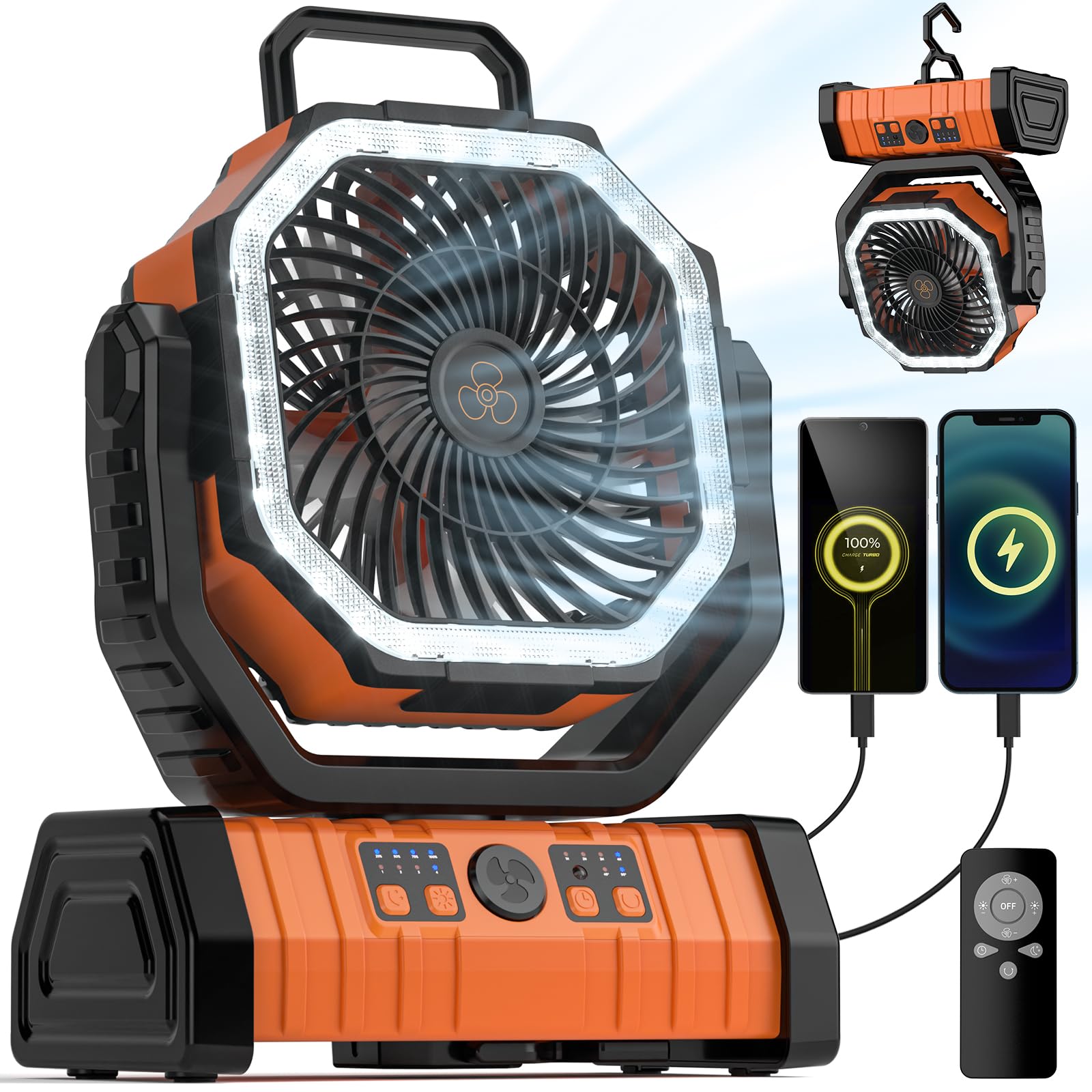 20000mAh Rechargeable Camping Fan with LED Lantern - Portable Battery Powered Outdoor Tent Fan, 4 Speed Remote Control & Hanging Hook - Perfect for Camping, Hiking, Backyard, Emergency Power Outages