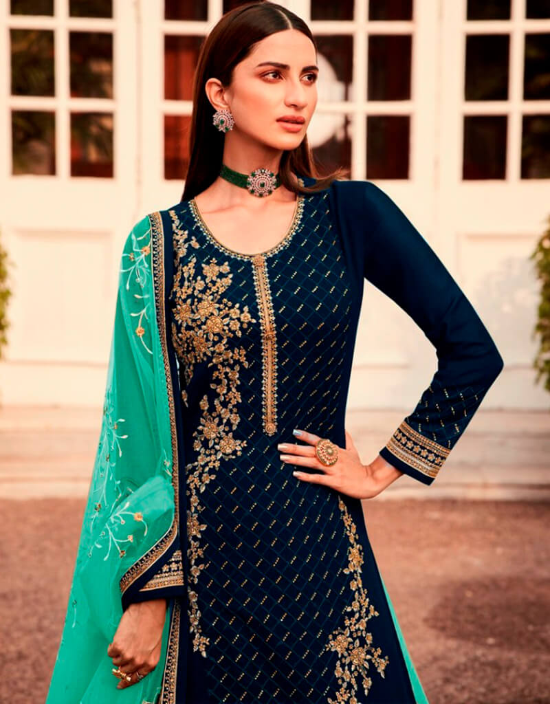 Blue Chudidar Style Suit - Semi Stitched Indian Ethnic Wear for Women | Perfect for Weddings, Festivals & Special Occasions