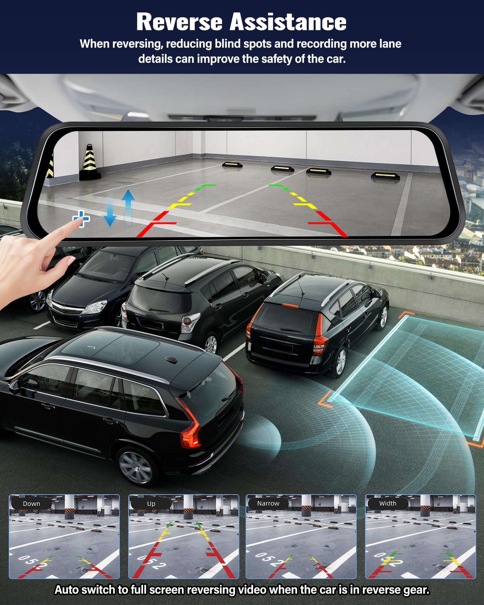 SIXWIN 9.66 Inch 4K Dual Dash Cam Front and Rear - Touch Screen Mirror Camera with WiFi, Blind Spot Detection, App Control & 24H Parking Monitor - Perfect for Safe Driving, Night Vision Recording, and Parking Surveillance
