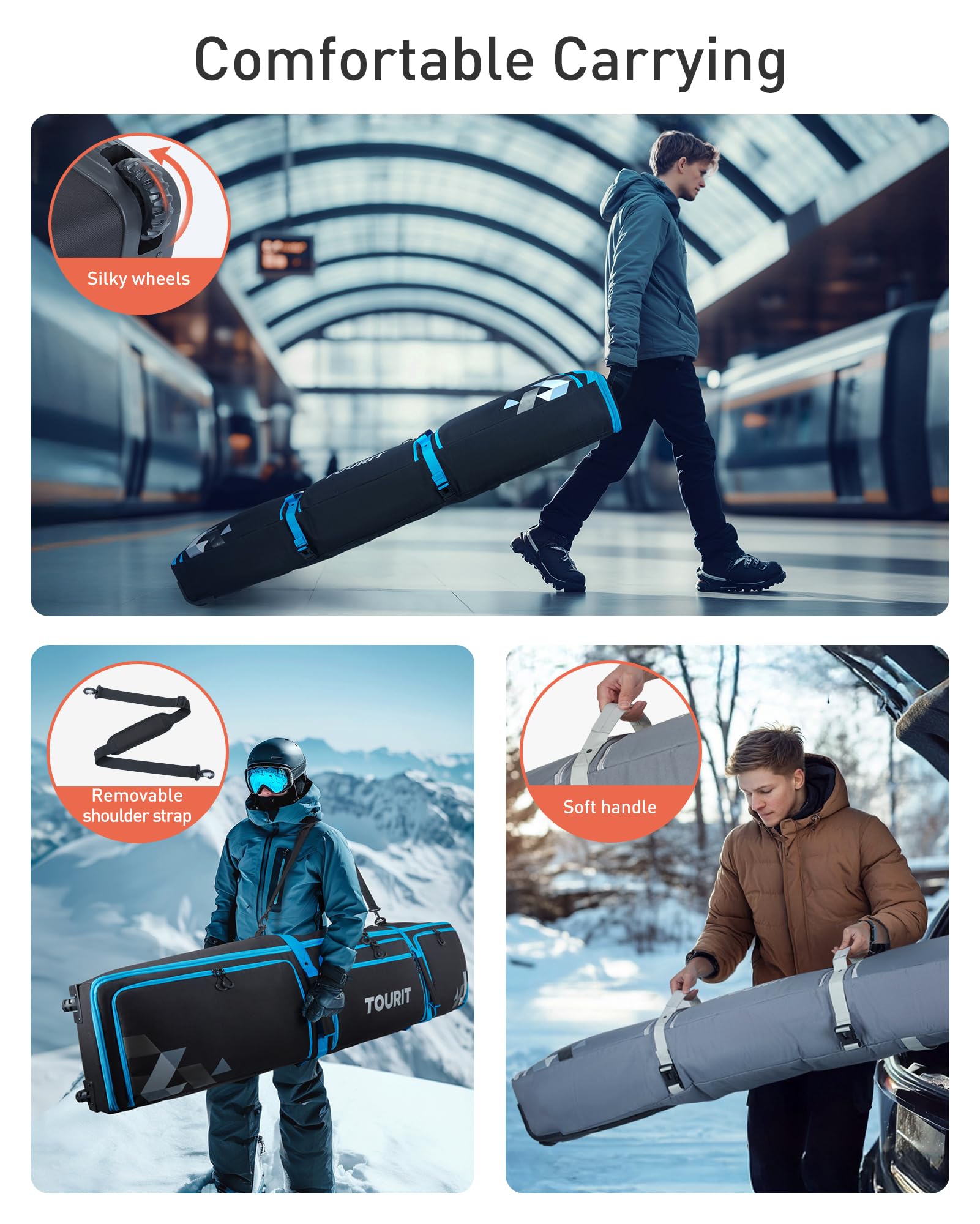 TOURIT Wheeled Ski and Snowboard Travel Bag - Padded Protection for Air Travel, Extendable 170-185cm (67-73in) - 3 Exterior Pockets for Boots, Helmets & Goggles - Perfect for Winter Sports Vacations and Mountain Getaways