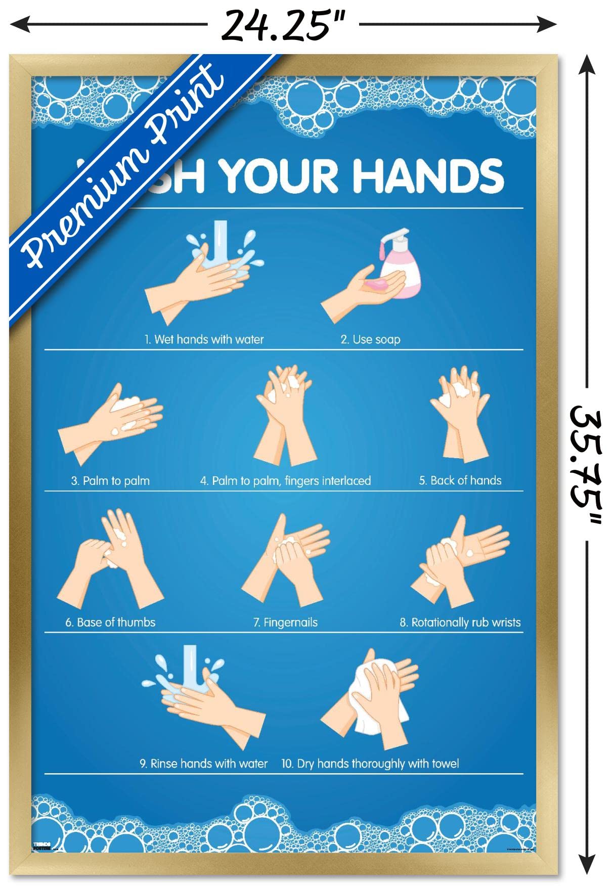Trends International Wash Your Hands Wall Poster - 22.375 x 34 Inches Gold Framed Motivational Sign - Perfect for Bathroom, Kitchen, Office & School Decor