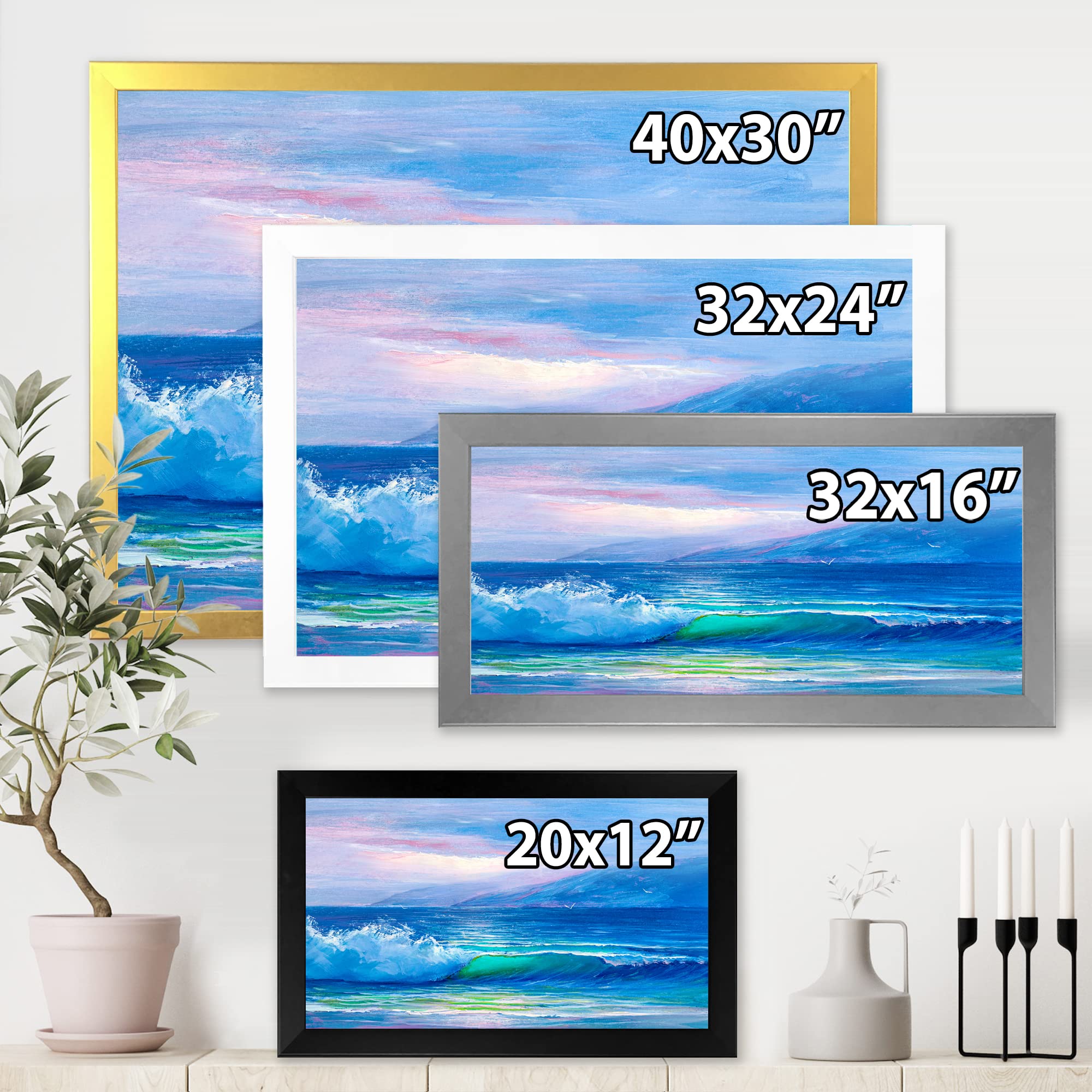 DesignQ Blue Waves Breaking At The Beach II - Coastal Framed Wall Art Decor for Living Room, Bedroom & Office - Nautical Ocean Themed Painting for Beach House & Seaside Home Decor