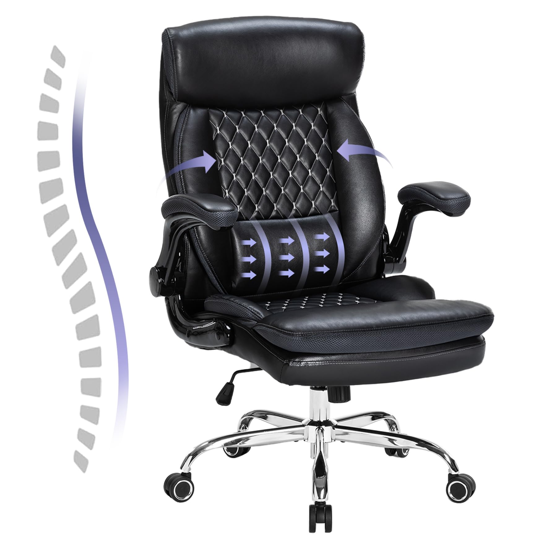 Premium High Back Executive Leather Office Chair - Ergonomic Adjustable Swivel Task Chair with Flip-Up Arms & Rocking Function for Home & Business Workspaces