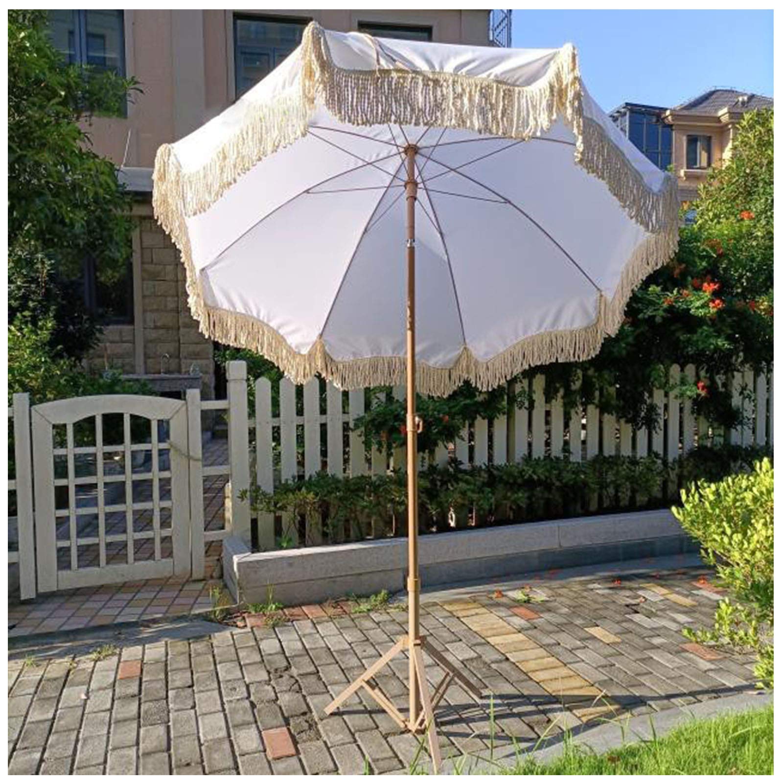 Y&J 1.8m (71in) Outdoor Tilt Beach Parasol with UV Protection - White Tassel Design Patio Umbrella for Garden, Poolside & Dining Table (2.45m Height, Base Not Included) | Perfect for Backyard, Picnics & Coastal Resorts
