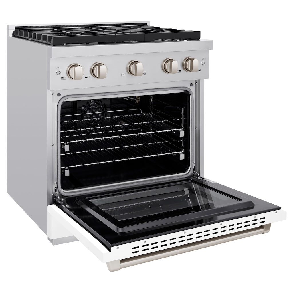 ZLINE 30-inch 4.2 cu. ft. Stainless Steel Gas Range with 4 Burner Cooktop & Convection Oven - White Matte Door (SGR WM 30) - Perfect for Modern Kitchens, Home Chefs & Entertaining