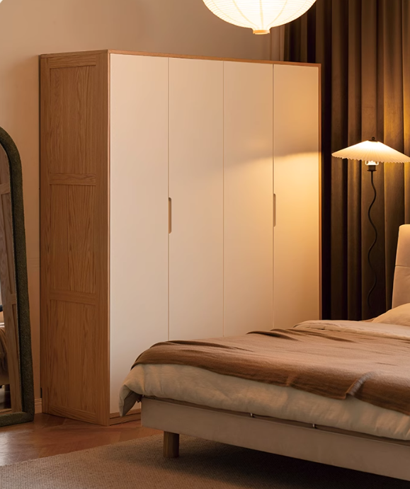 Oak Solid Wood Log Cream Style Wardrobe - Rustic Bedroom & Living Room Storage Furniture for Home Organization