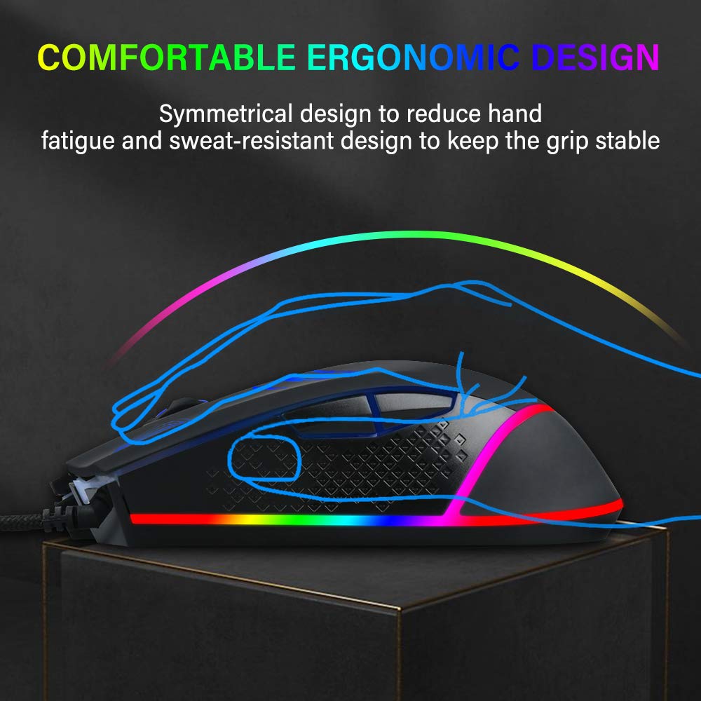 RGB Backlit Wired Gaming Mouse - 7 Programmable Buttons, 1200-7200 DPI Adjustable, USB Optical Mouse for PC, Laptop, Desktop - Perfect for FPS, MOBA Games & Professional Esports