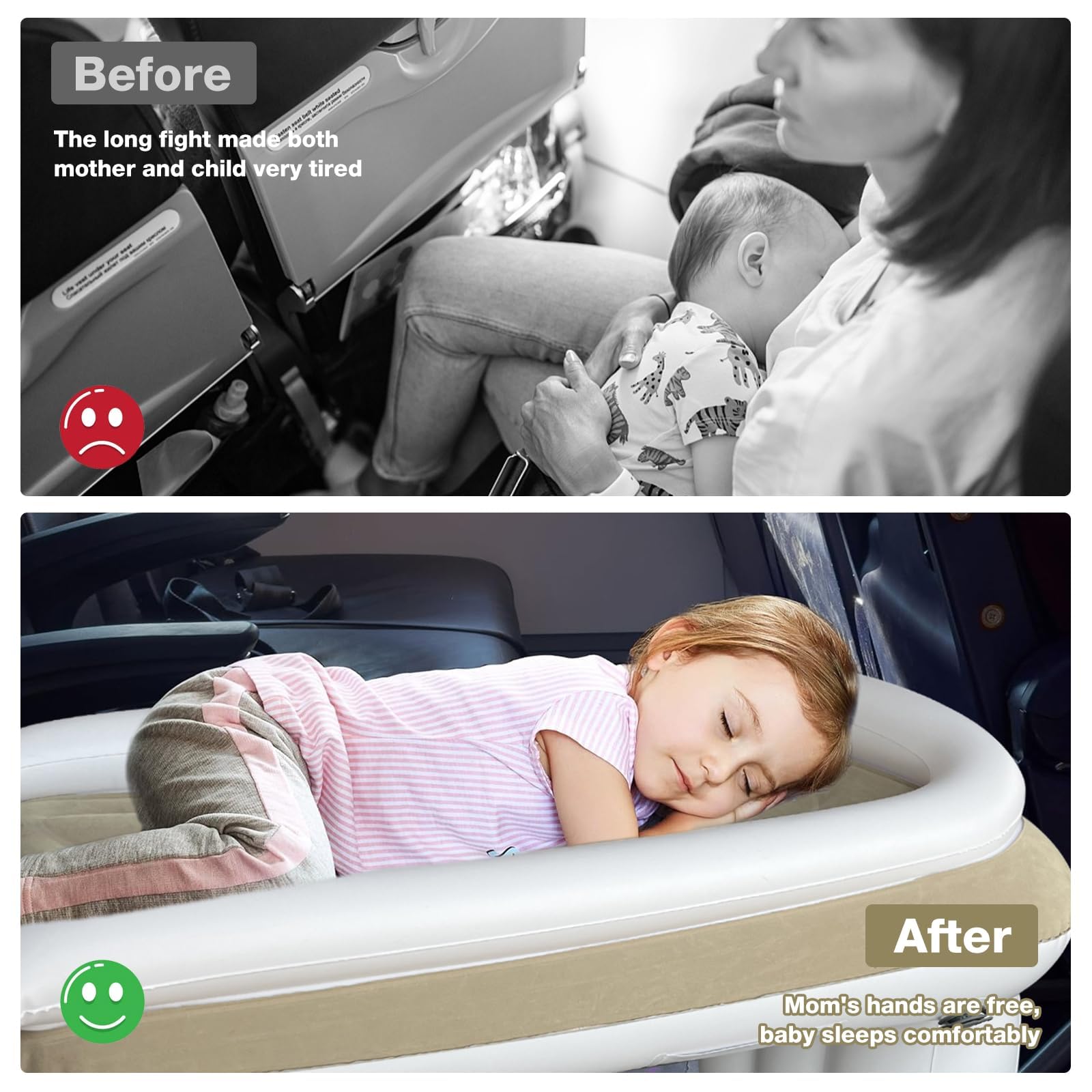 **Toddler Travel Bed for Airplane & Car - Portable Airplane Seat Extender with Safety Belt, Beige | Perfect for Long Flights, Road Trips & Train Rides**