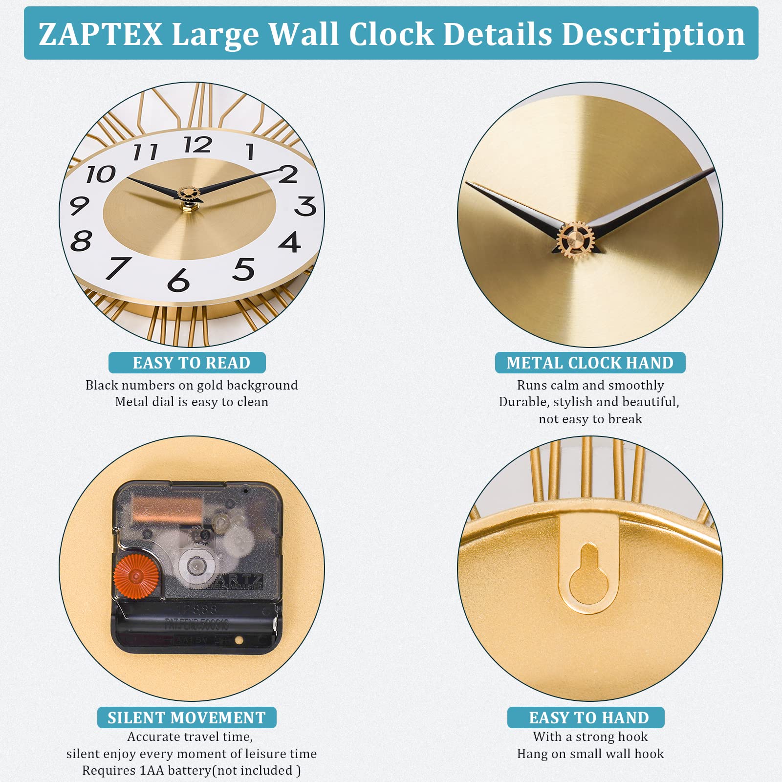Zaptex 24 Inch Large Gold Wall Clock - Battery Operated Modern Silent Wall Watch for Living Room, Bedroom, Kitchen, Office & Hotels - Perfect for Home Decor, Gifts & Interior Design