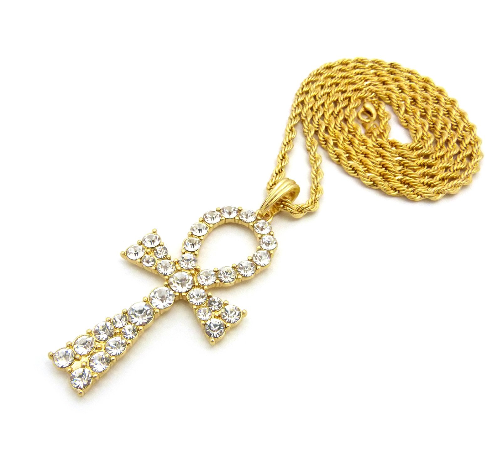 21 Egyptian Iced Out Ankh Pendant Necklace - 4mm Gold Tone with 30