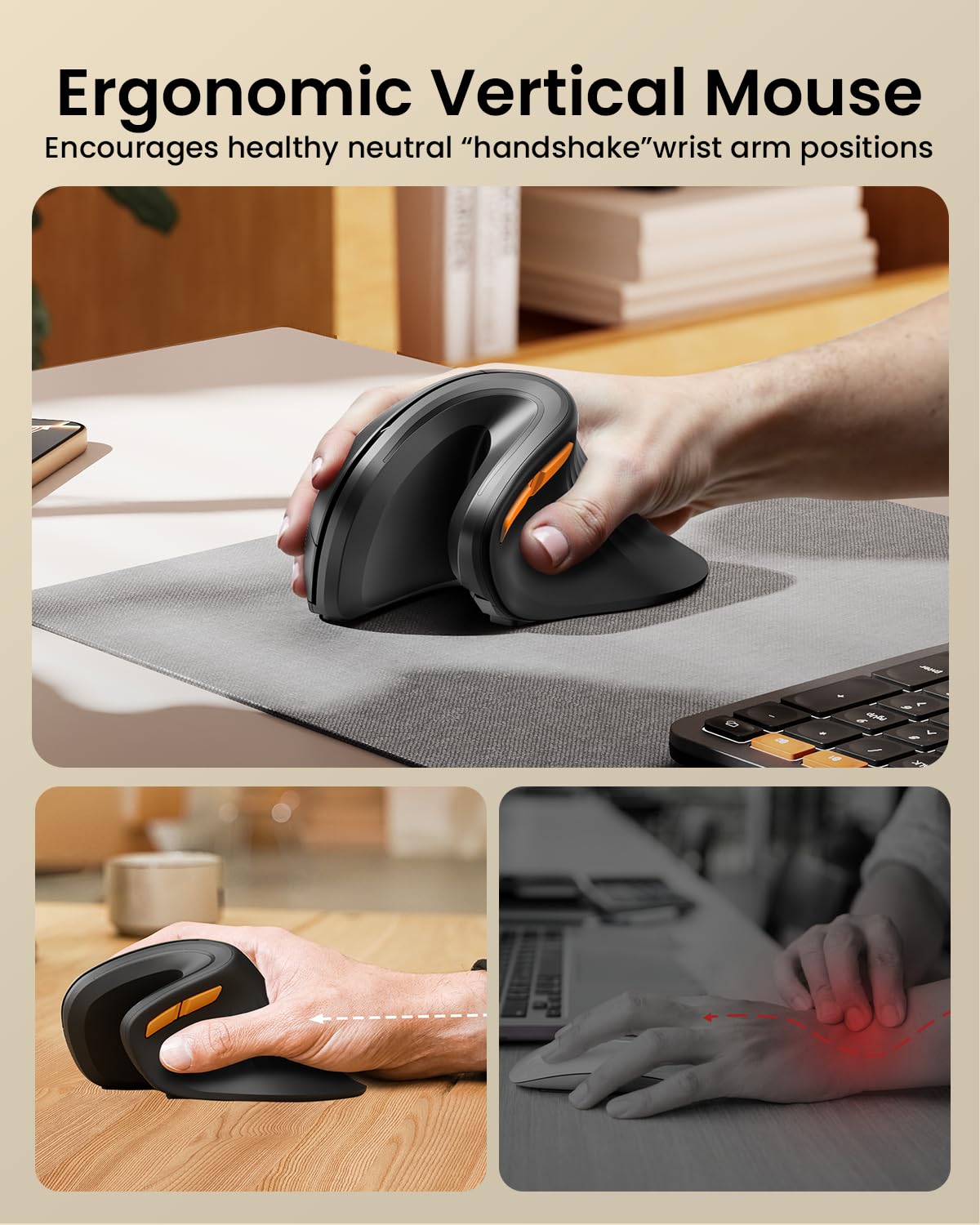ProtoArc EM11 NL Ergonomic Vertical Bluetooth Mouse - Wireless Rechargeable Ergonomic Mouse with 3-Device Connectivity for PC, Laptop, Mac (Windows/Mac OS) - Perfect for Office Work, Graphic Design & Long Computer Sessions