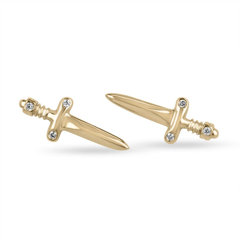 0.10 Carats 14K Gold Natural Diamond Dagger Tattoo Stud Earrings for Women - Trendy Punk Jewelry Gift for Birthday, Party & Gothic Fashion Accessories