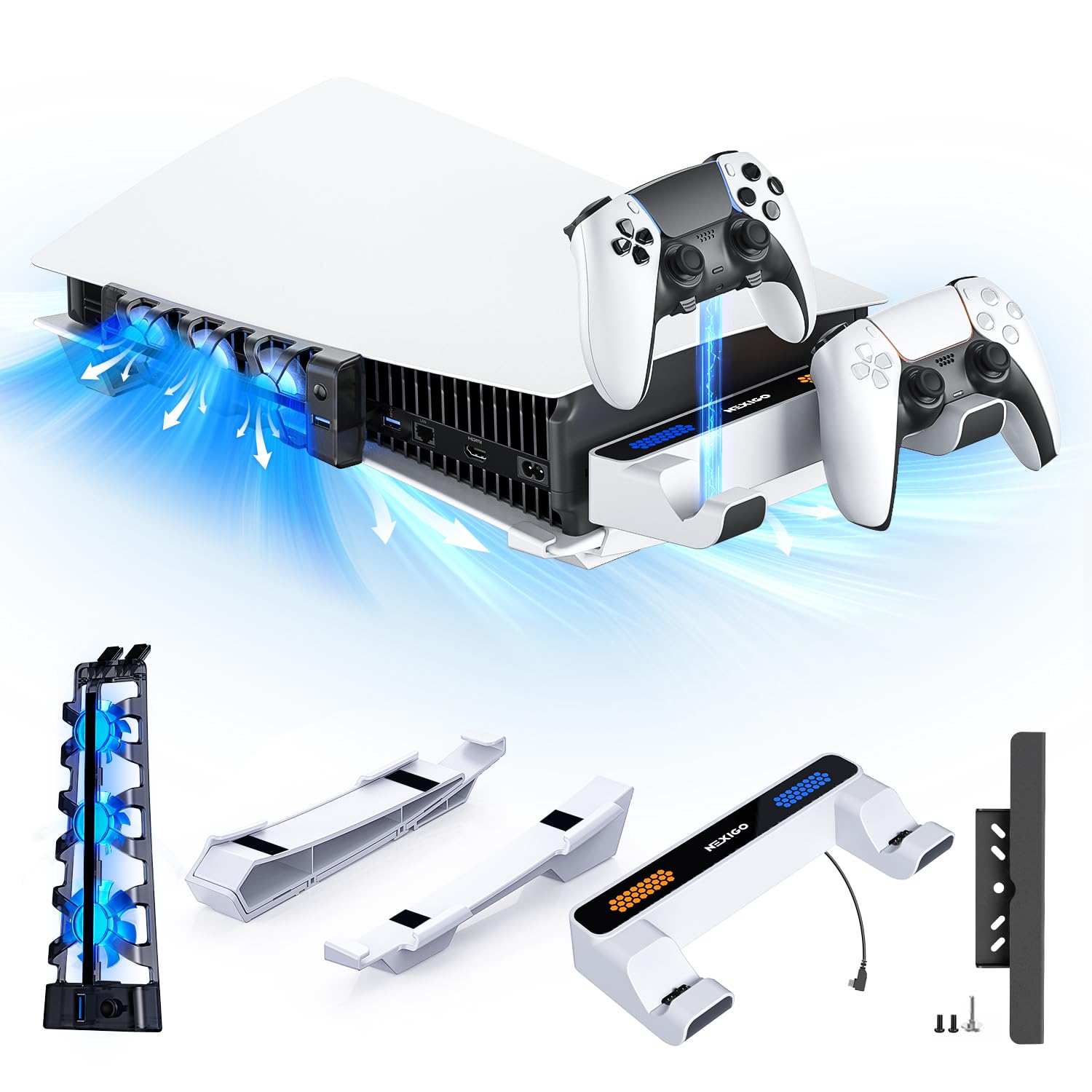 NexiGo PS5 Horizontal Stand with Dual Controller Charging Station - Silent Cooling Fan with Adjustable Speed, Auto Power On/Off - Compatible with PS5 Disc & Digital Edition (Not for PS5 Slim) - Perfect for Gaming Setups & Entertainment Centers