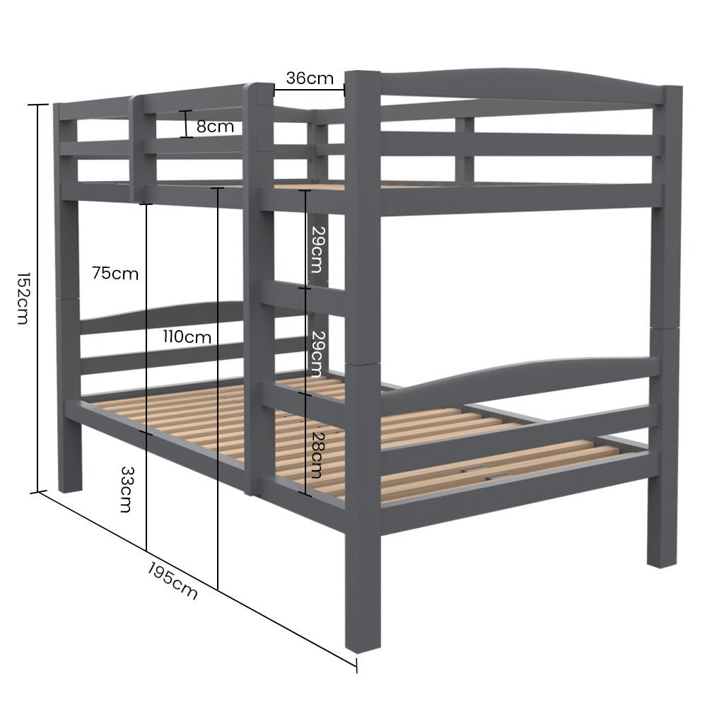 Kids Single Wooden Bunk Bed Frame with Grey Mattress - Space-Saving Twin Loft Bed for Small Rooms, Dormitory & Kids Bedroom - Sturdy Wood Construction for Safety & Comfort