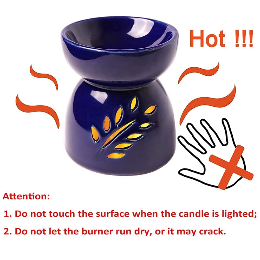 Blue Ceramic Essential Oil Burner with Classic Leaf Carving - Aromatherapy Diffuser, Tea Light Candle Holder & Wax Melter for Home Fragrance - Perfect for Living Room Decor, Balcony Relaxation & Garden Ambience