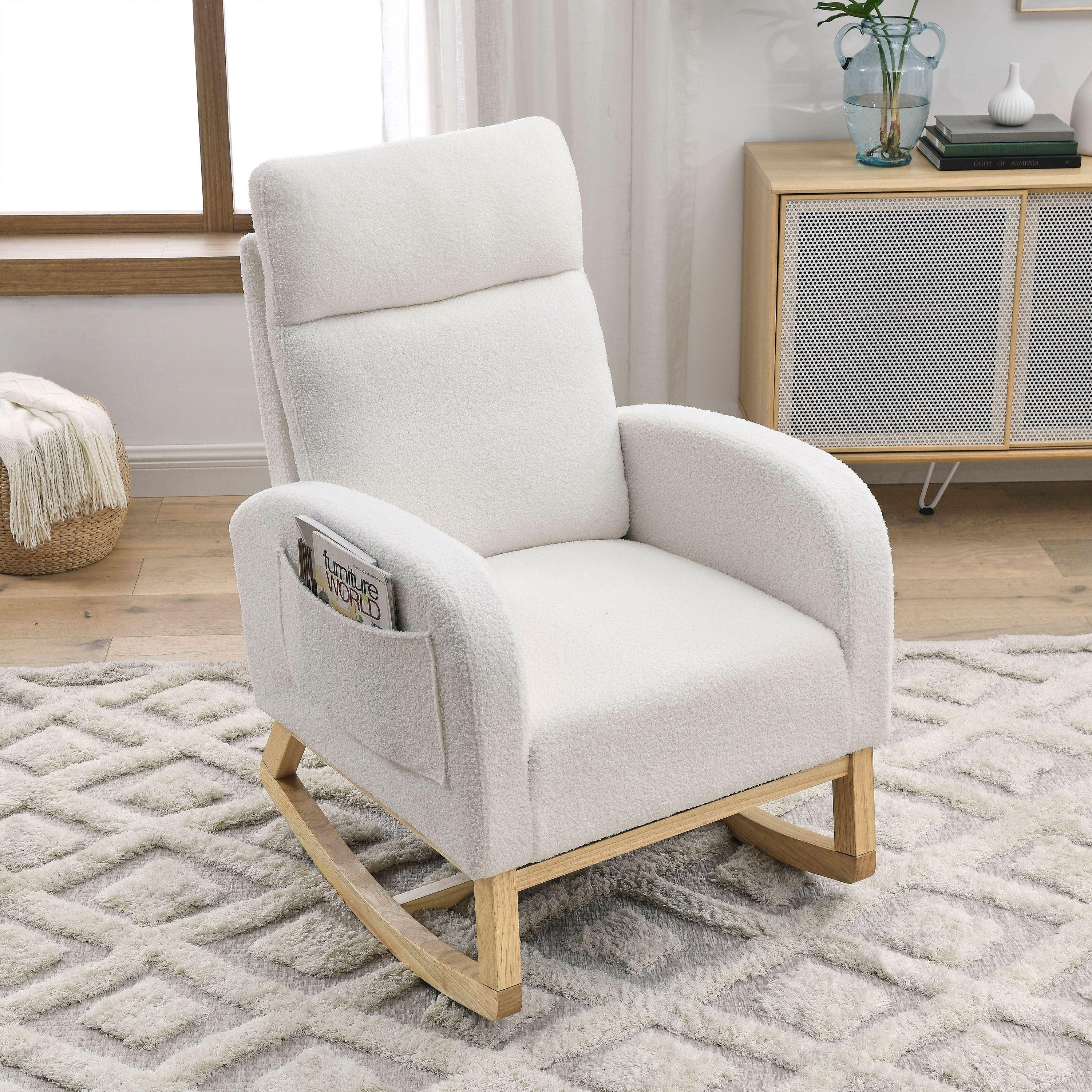 27.6W Modern Accent High Backrest Rocking Chair with Side Pockets - Teddy White (Ivory) - Perfect for Living Room, Lounge, Nursery & Reading Nook