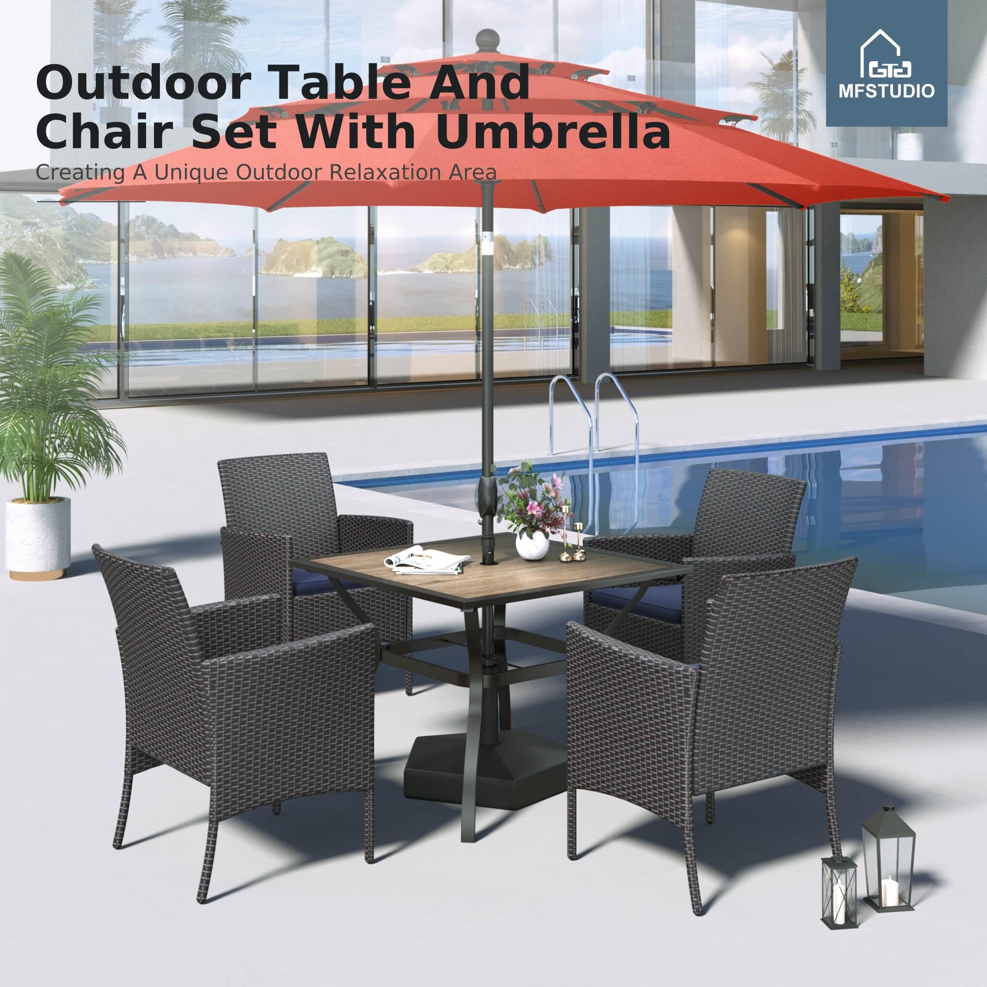 MFSTUDIO 6-Piece Outdoor Rattan Wicker Dining Set with Umbrella - Patio Furniture for 4 People, Weather-Resistant Metal Frame Table and Chairs - Perfect for Backyard, Garden, Poolside & Outdoor Entertaining