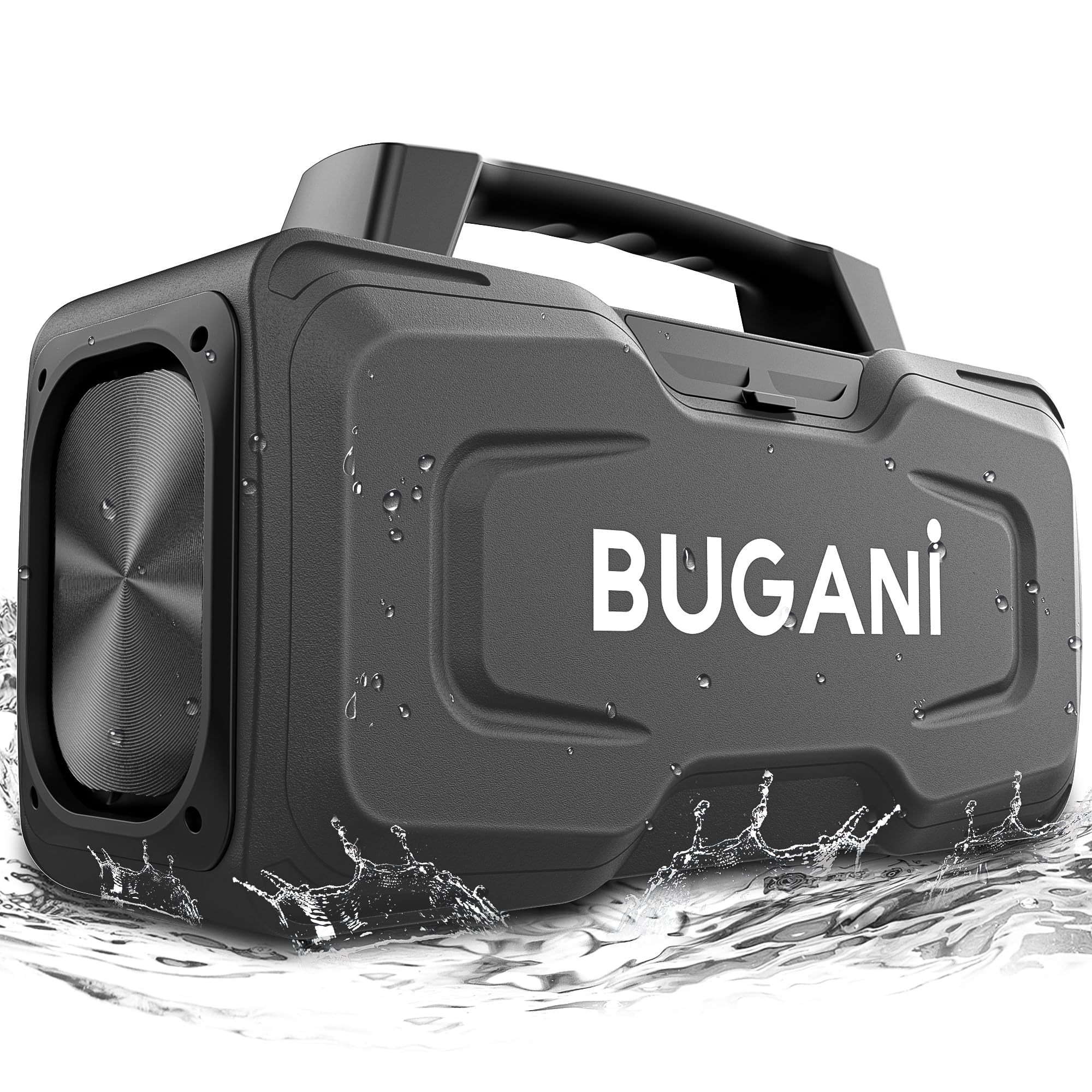 BUGANI 80W Powerful Bluetooth Speaker - IPX7 Waterproof Portable Wireless Speaker with Handle, 24H Playtime, Microphone/AUX/USB Support - Perfect for Outdoor Parties, Poolside, Beach & Camping (Black)