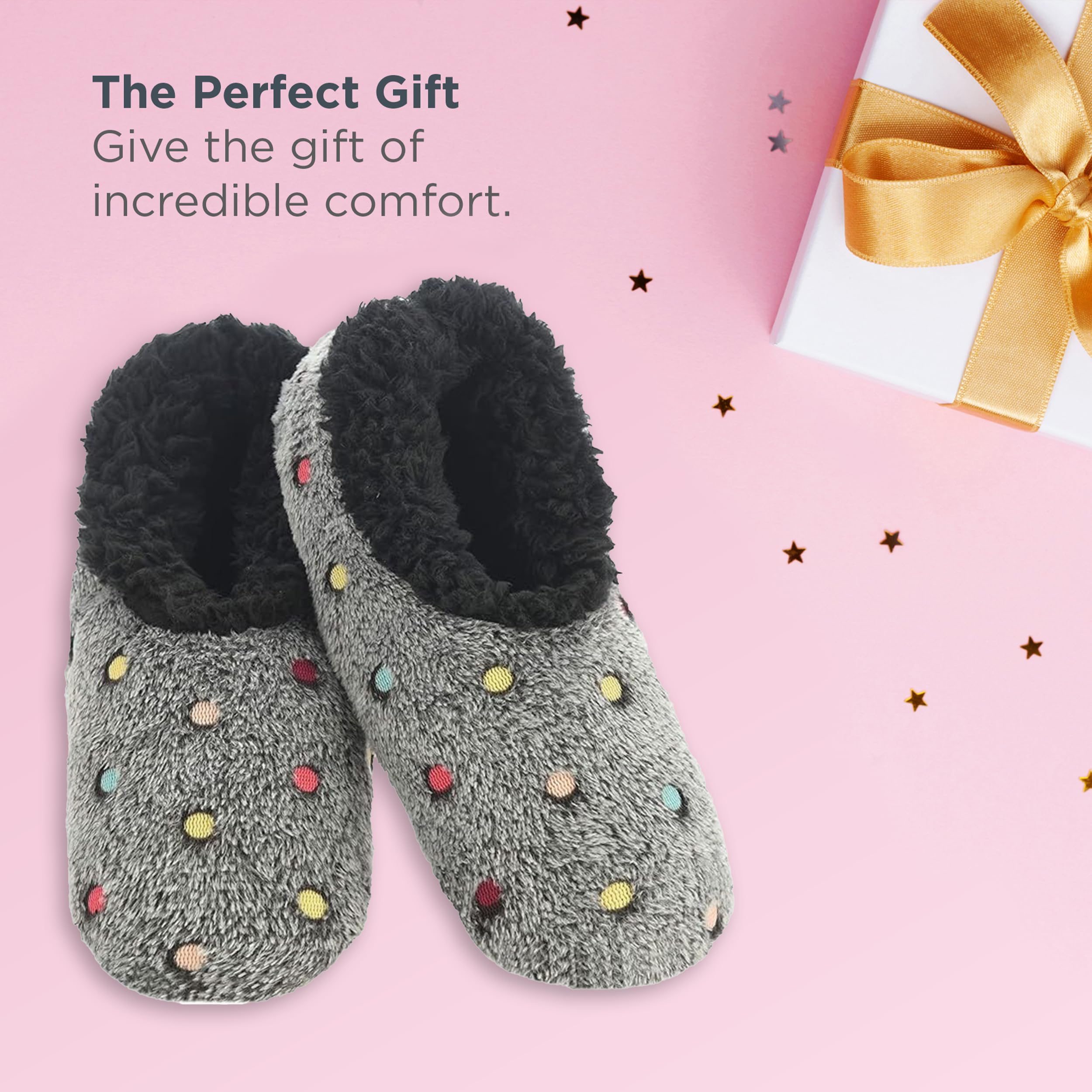 Snoozies Women's Cozy Sherpa Slipper Socks - Soft Fuzzy House Slippers with Colorful Dots Design | Warm Indoor Footwear for Relaxing at Home, Lounging & Winter Comfort