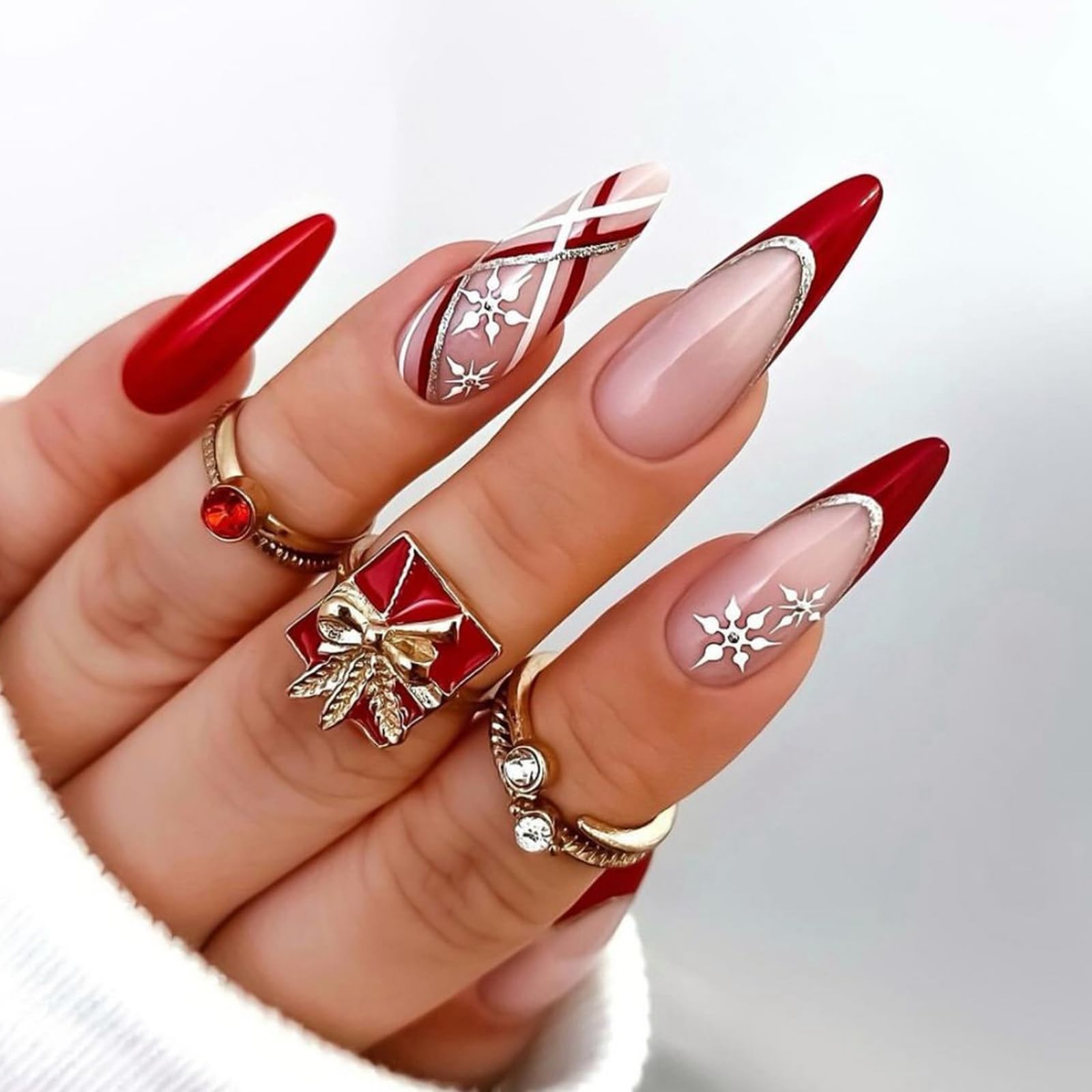 Christmas Red Press On Nails - 12 Sizes Red French Tip Almond Fake Nails With Snowflake Designs | Long Artificial Nails for Women Holiday Manicure | Perfect for Christmas Parties, New Year Celebrations & Winter Festive Events