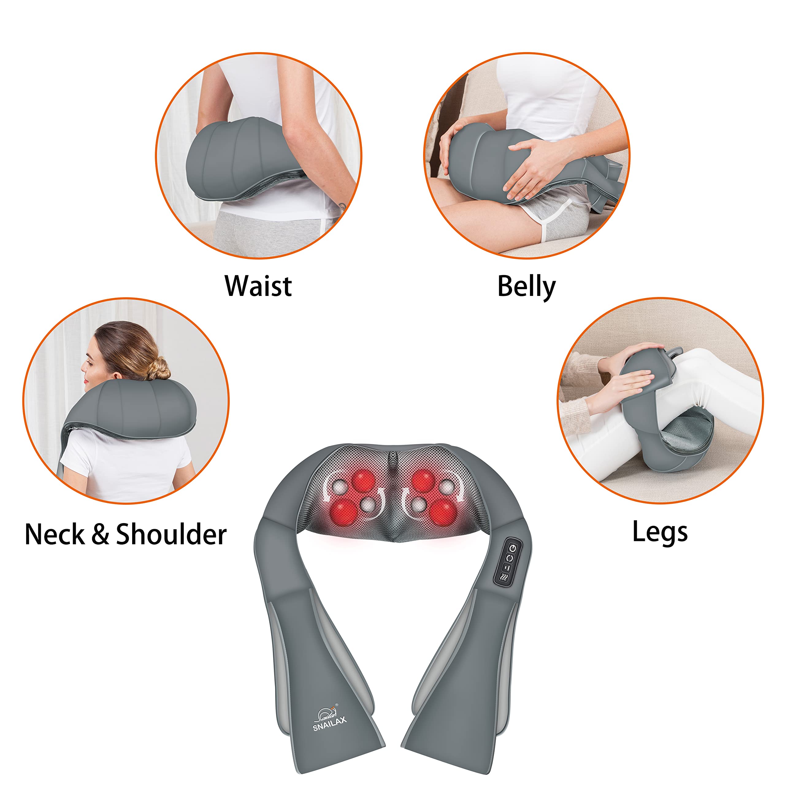 Snailax Shiatsu Neck and Shoulder Massager with Heat - Deep Kneading Electric Massage Pillow for Neck, Back, Shoulder & Foot Pain Relief - Perfect for Home, Office & Car Use (Grey)