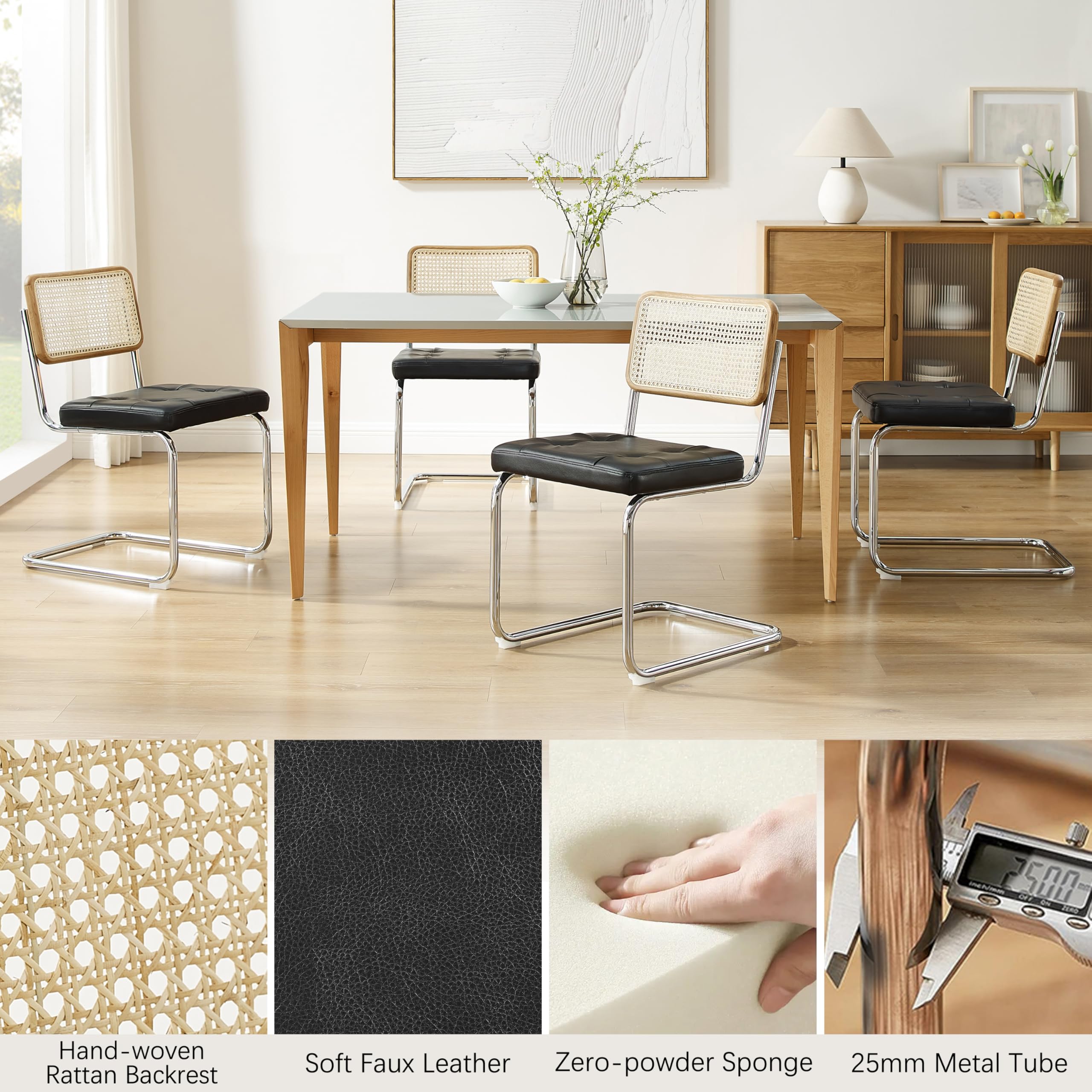 Art Leon Rattan Dining Chairs Set of 2 - Natural Oak Frame Mid Century Modern Style - Woven Backrest & Faux Leather Upholstered Cane Chairs with Chrome Metal Legs in Black - Perfect for Dining Room, Kitchen, Breakfast Nook or Patio Decor