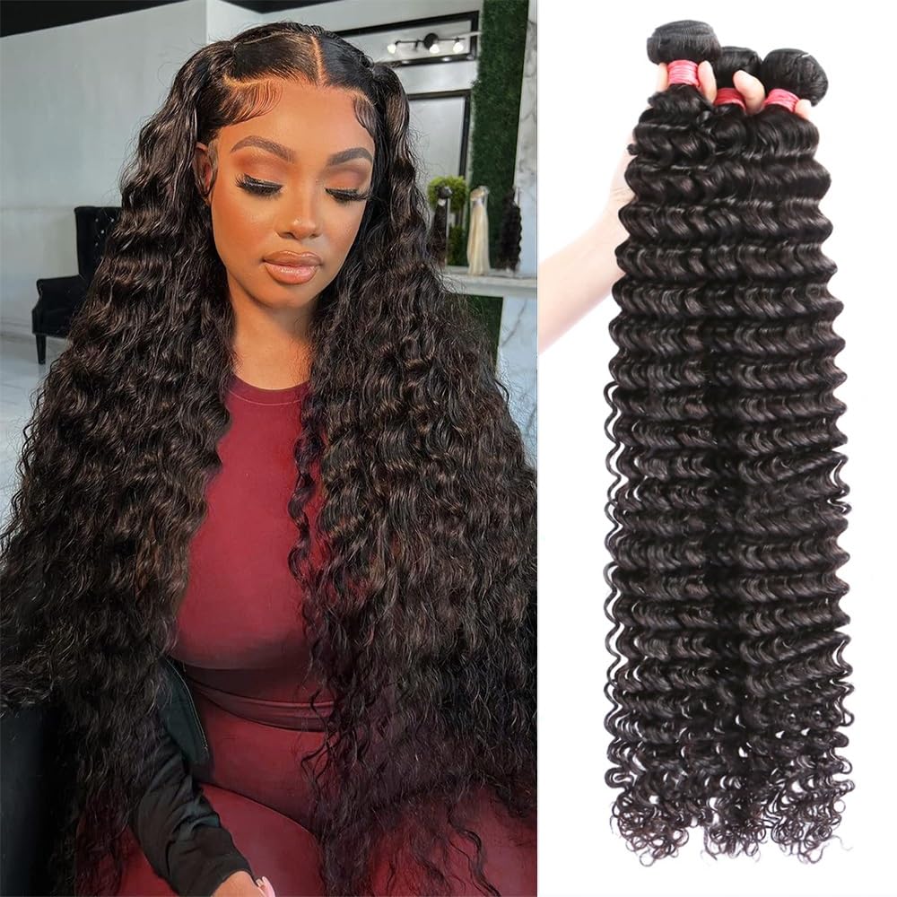 12A Brazilian Deep Wave Human Hair Bundles 22 24 26 Inch - 100% Unprocessed Virgin Remy Hair Weave for Black Women | Natural Wet & Wavy Curly Hair Extensions for Styling, Parties & Everyday Wear