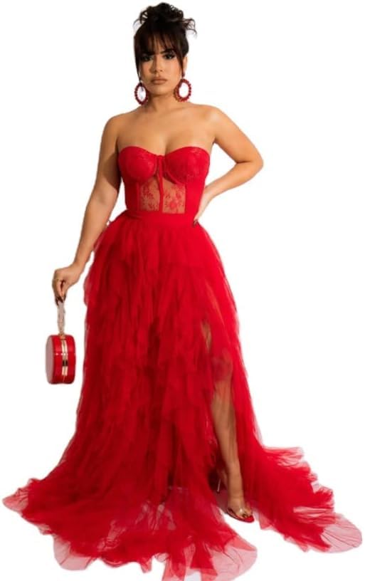 Elegant Women's Layered Tulle and Lace Maxi Dress for Weddings, Prom & Special Occasions | Formal Evening Gown with Flowy Skirt | Perfect for Bridesmaid, Cocktail Party & Black Tie Events