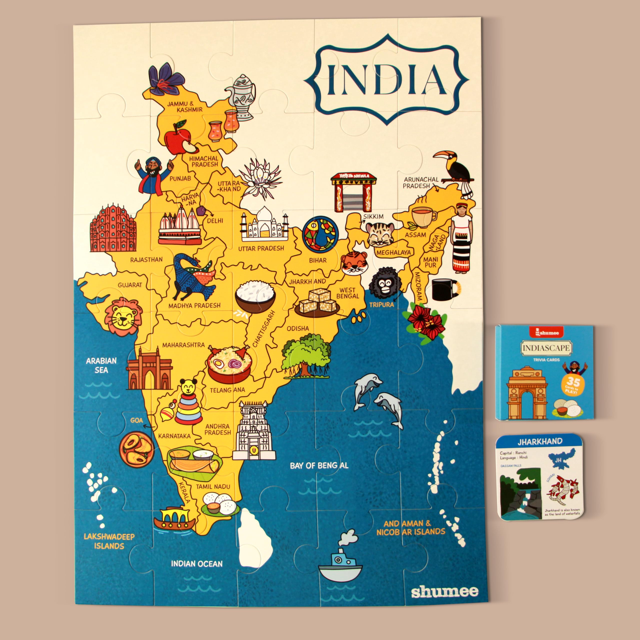 Shumee Indiascape Map Puzzle and Card Games Set - 30 Piece Educational Puzzle, 35 Geography Trivia Cards & 5 Fun Games for Kids Ages 4+ - Multicolor Learning Toys for Home & Classroom Use