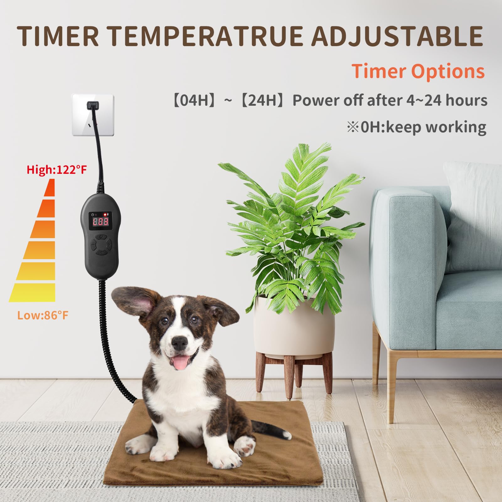 NAMOTEK Adjustable Temperature Pet Heating Pad with Timer - Waterproof Electric Heated Mat for Dogs & Cats - Chew-Resistant Cord & Auto Shut-Off - Perfect for Winter Warmth, Arthritis Relief & Indoor Pet Comfort