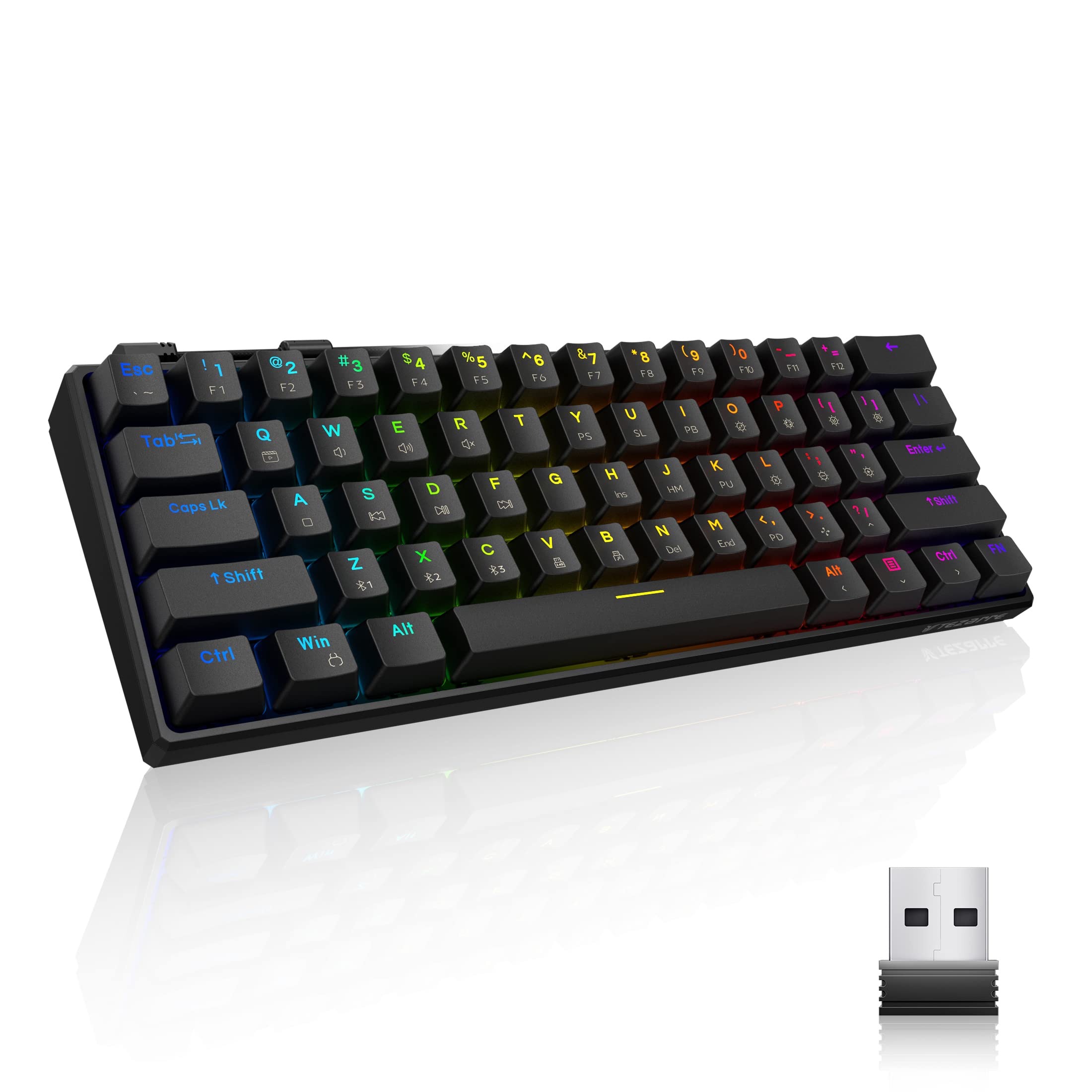 Tezarre TK61Pro 60% Wireless Mechanical Gaming Keyboard - Bluetooth/2.4G/USB, RGB Backlit, Hot-Swappable PBT Keycaps, Gateron Optical Black Switches for Windows PC Gamers | Perfect for Esports, Office Work & Home Gaming Setup