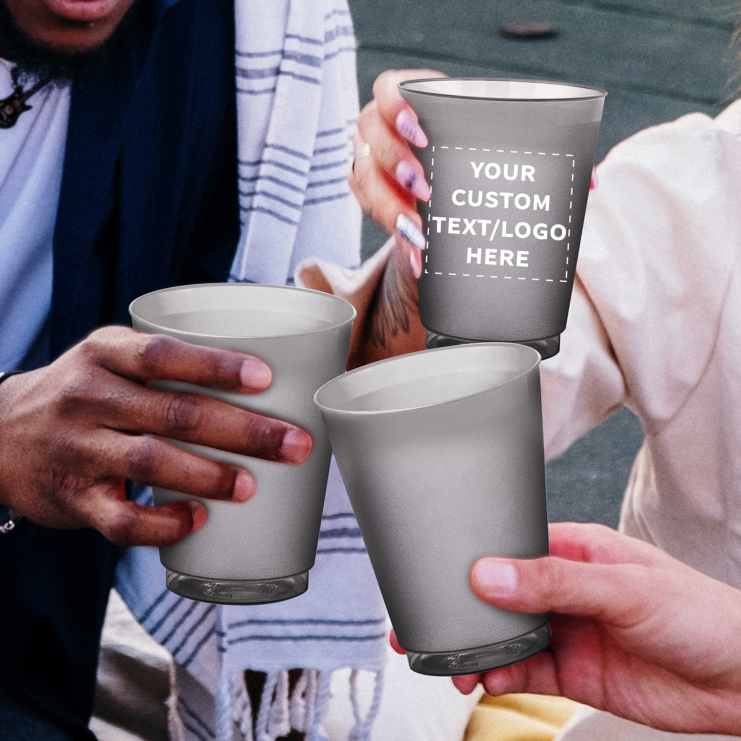 Custom Frosted Plastic Stadium Cups - 100 Pack with Promotional Text & Logo - 16 oz Shatterproof, Flexible, Reusable Party Cups - Perfect for Tailgates, BBQs, and Outdoor Events - Smoke Color