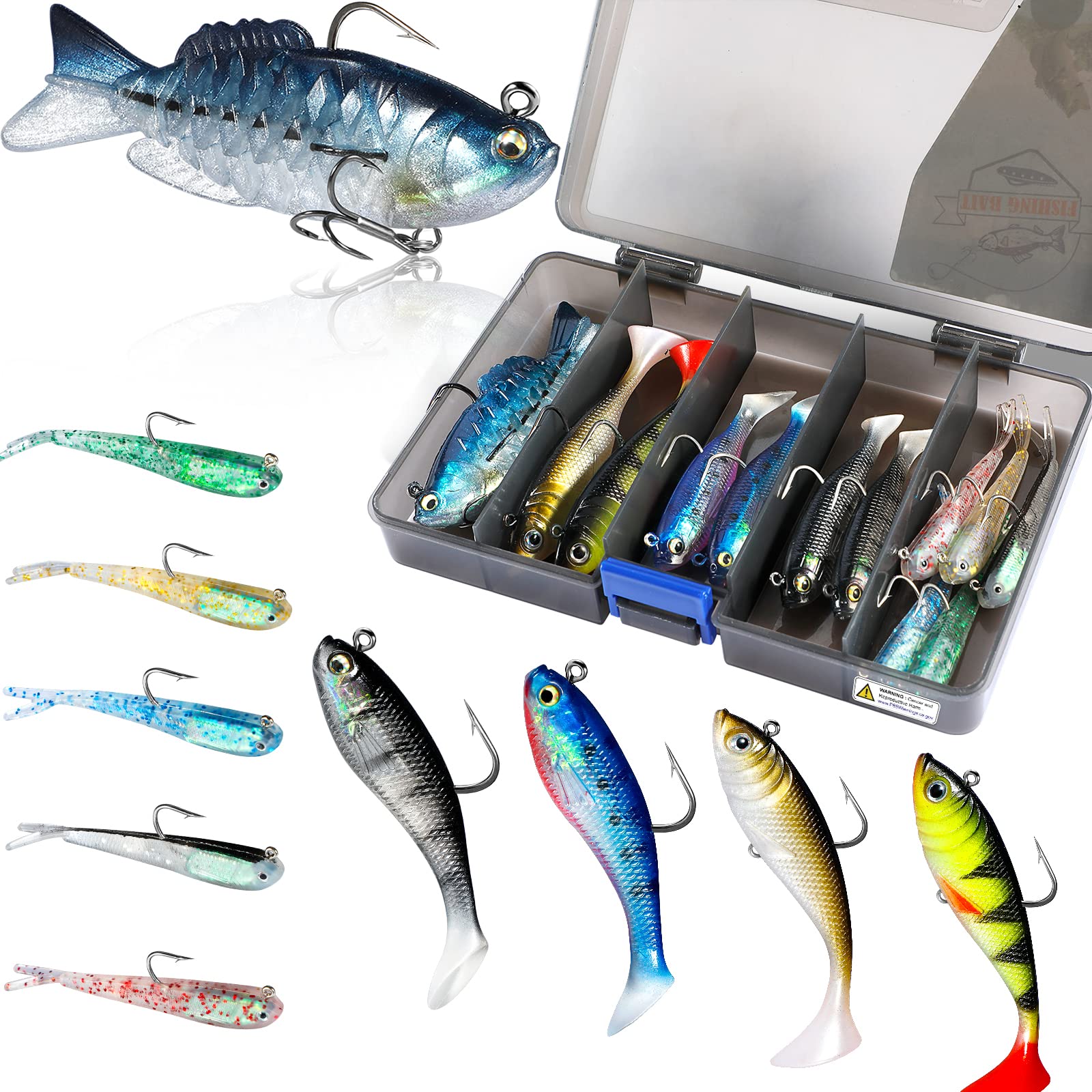 PLUSINNO Fishing Lures Kit - Pre-Rigged Soft Swimbaits with Ultra-Sharp Hooks for Trout, Pike, Walleye & Bass | Paddle Tail Jig Heads for Saltwater & Freshwater Fishing | Ideal for Kayak, Boat and Shore Fishing Adventures