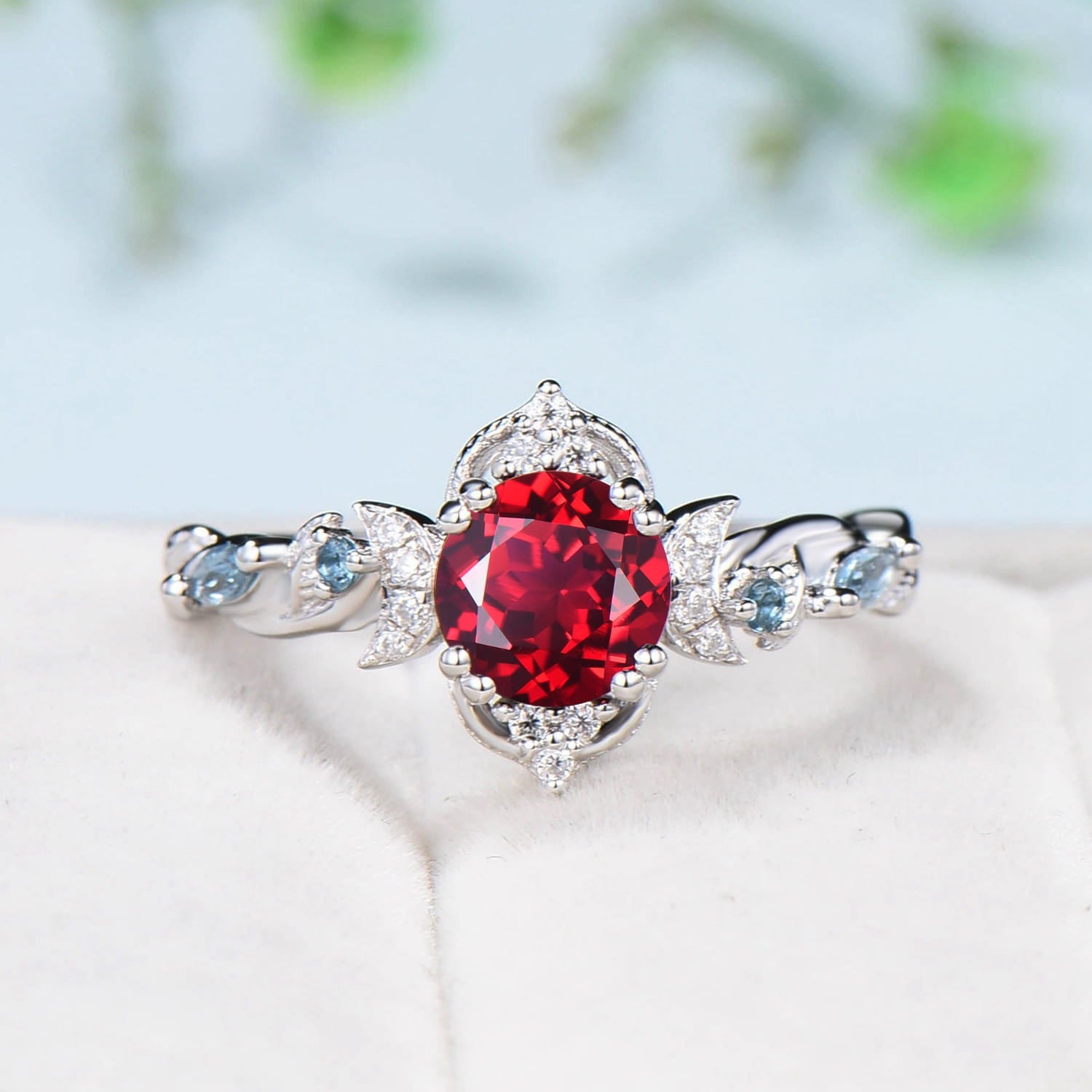 Unique Crescent Moon Ruby Engagement Ring Set with Swiss Topaz & Black Spinel - Nature Inspired Open Gap Wedding Band for Women | Perfect for Bridal Stacking, Proposal & Anniversary Gifts