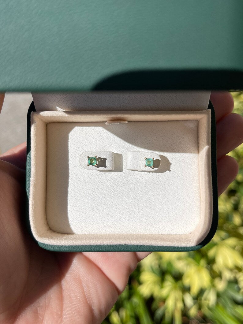 0.45tcw Natural Petite Baby Princess Emerald Asscher Cut Stud Earrings in 14K Gold - Perfect for Everyday Wear, Gifts & Special Occasions