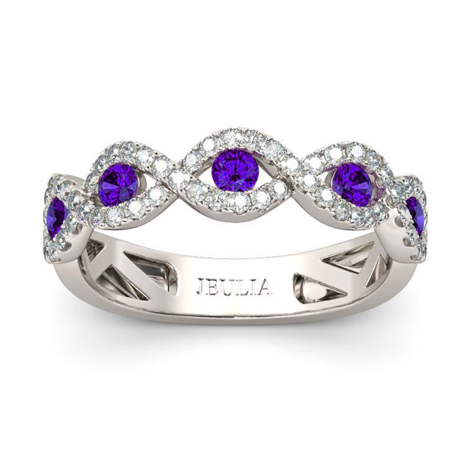 Jeulia Engraved Wedding Stackable Rings - Sterling Silver Half Eternity Band with Sapphire Blue & White Diamond Cubic Zirconia - Anniversary Promise Rings Set with Jewelry Box - Perfect for Engagement, Proposal, Vow Renewal and Romantic Gifts