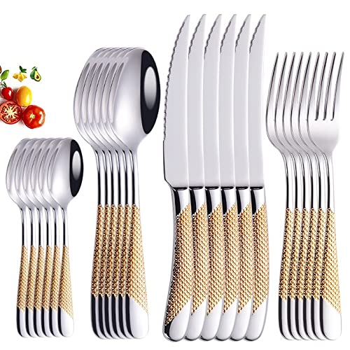 24-Piece Luxury Gold & Silver Cutlery Set - 304 Stainless Steel Mirror Finish Silverware with Forks, Knives & Spoons - Elegant Dinnerware for Weddings, Parties & Fine Dining (GoldSilver)