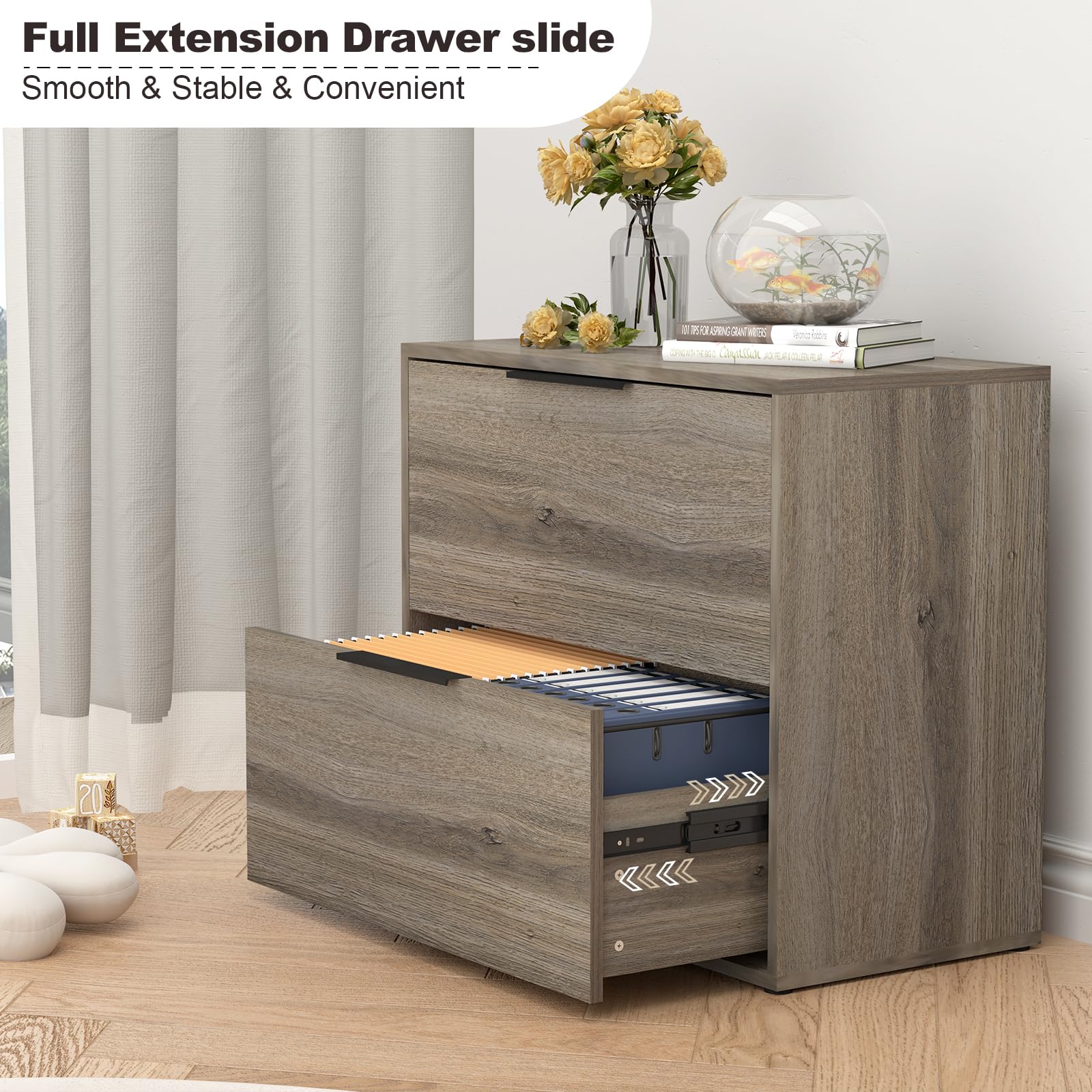2-Drawer Wooden Lateral File Cabinet for Home Office - Farmhouse Style with Hanging Bars for Letters/Legal (Grey) - Perfect for Organizing Documents in Small Spaces & Home Offices