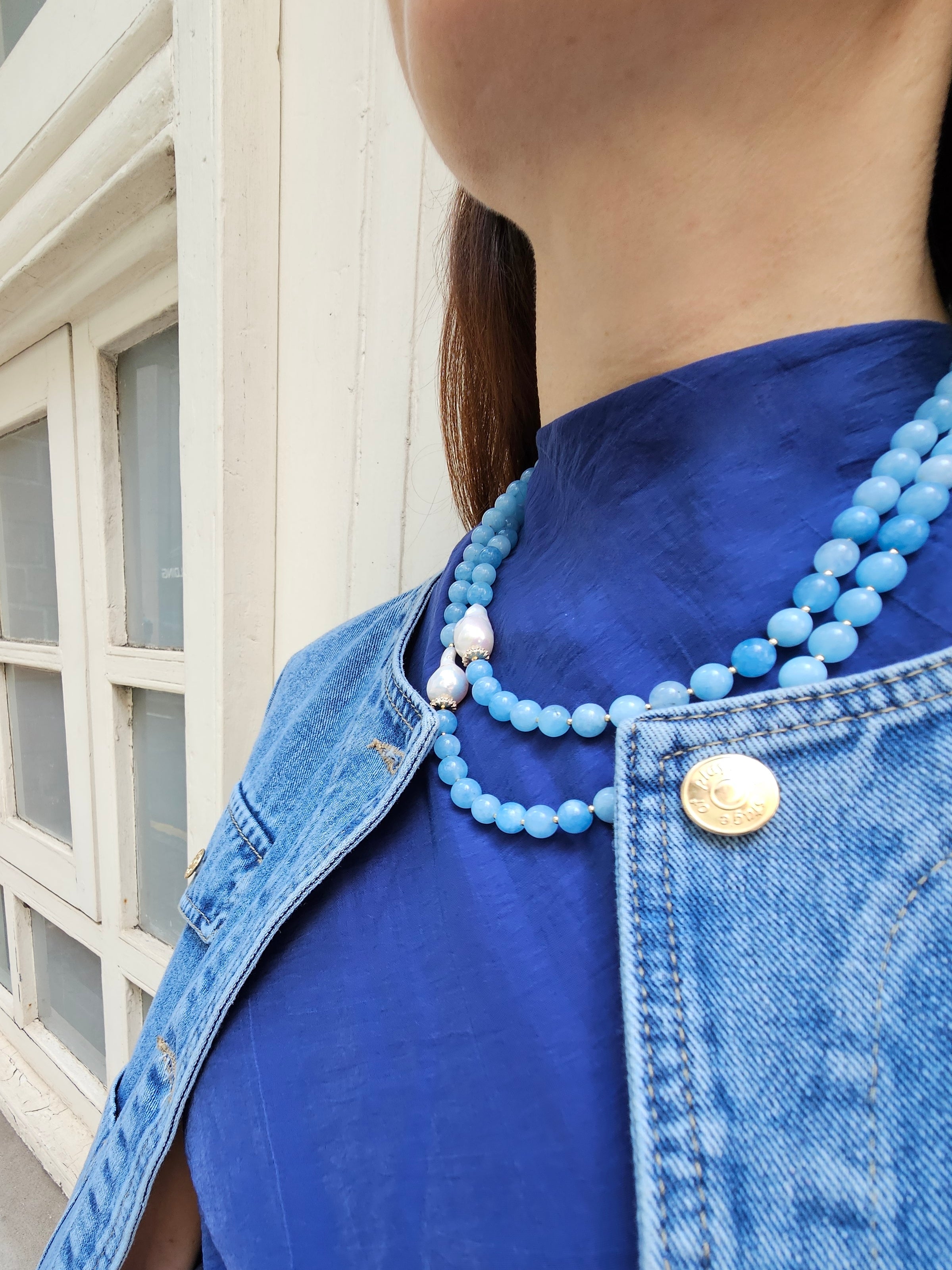 Double Layer Round Aquamarine and Baroque Pearl Necklace PN026 - Elegant Statement Jewelry for Weddings, Parties & Special Occasions