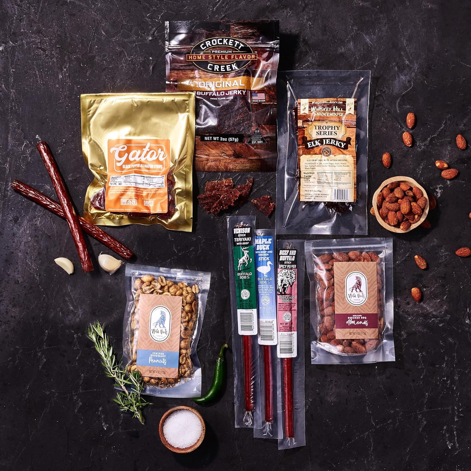 Exotic Meats Gift Crate – 6 Premium Jerky Flavors (Venison, Alligator, Elk) & Nut Snacks – Handcrafted Wooden Box with Laser-Etched Crowbar – Perfect for Adventurous Foodies, Unique Gifts & Outdoor Enthusiasts