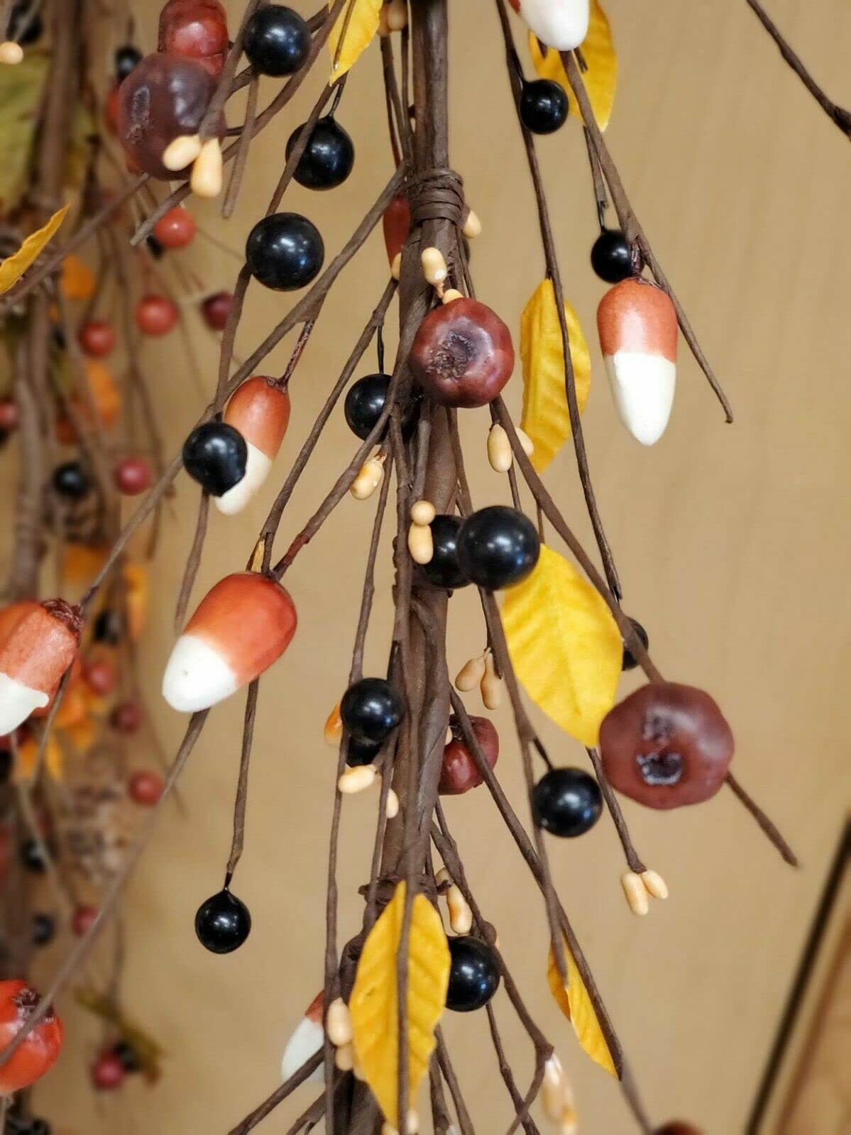 54 Inch Fall Garland with Pumpkins, Candy Corn & Berries - Primitive Halloween Decor for Fireplace, Mantel, and Porch